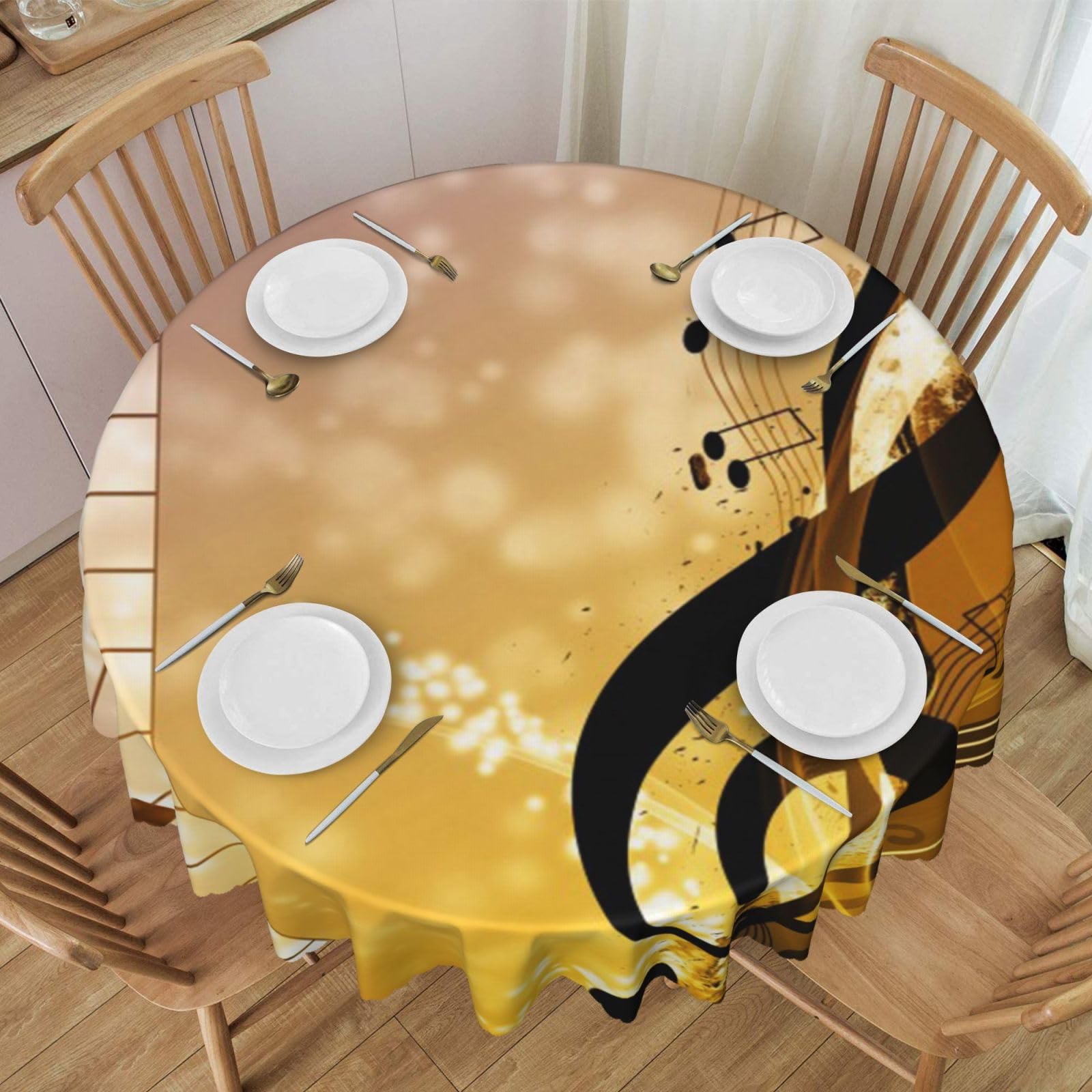 DCEHGEW 60 In Round Tablecloth with Lace, Piano Violin Music Notes Printed Oilproof & Washable Fabric Picnic Table Cloth Table Covers