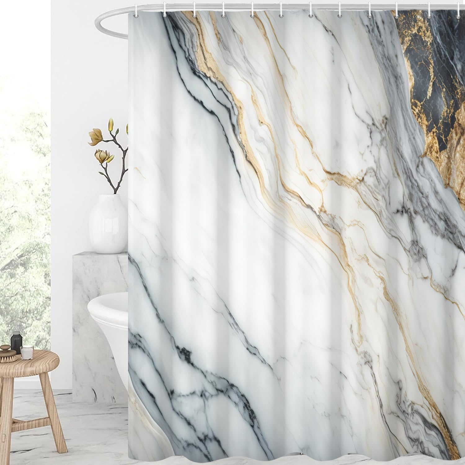 GCIREC Shower Curtain, 150x180cm, Black White with Gold Texture Ink Marble Modern Art Waterproof Fabric Machine Washable Bathroom Curtain with Hooks
