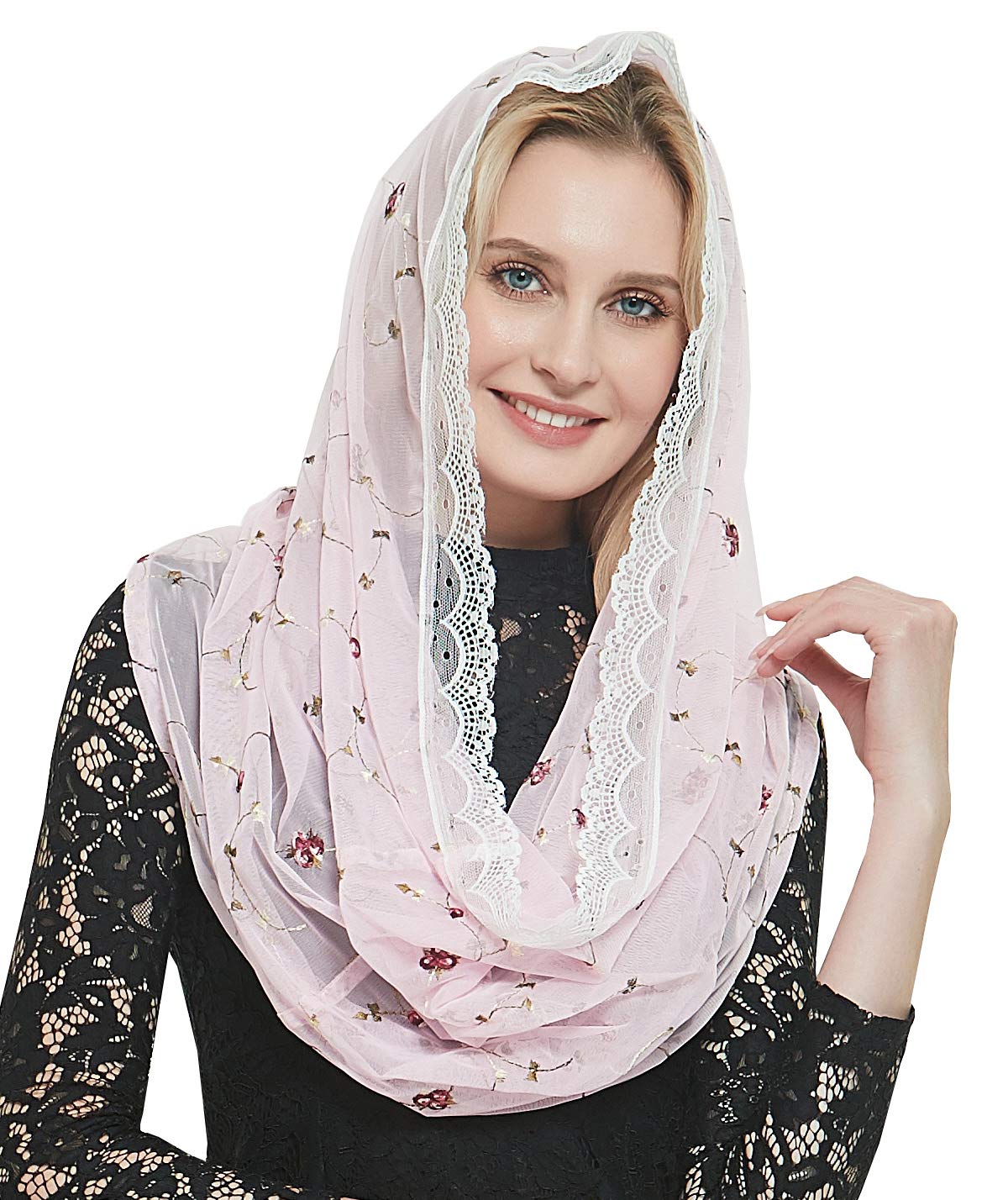 Leimandy Women's Pink Wrap Orthodox Veil Head Covering With Embroidered Flowers Catholic Chapel Mantilla Veil V50, One Size