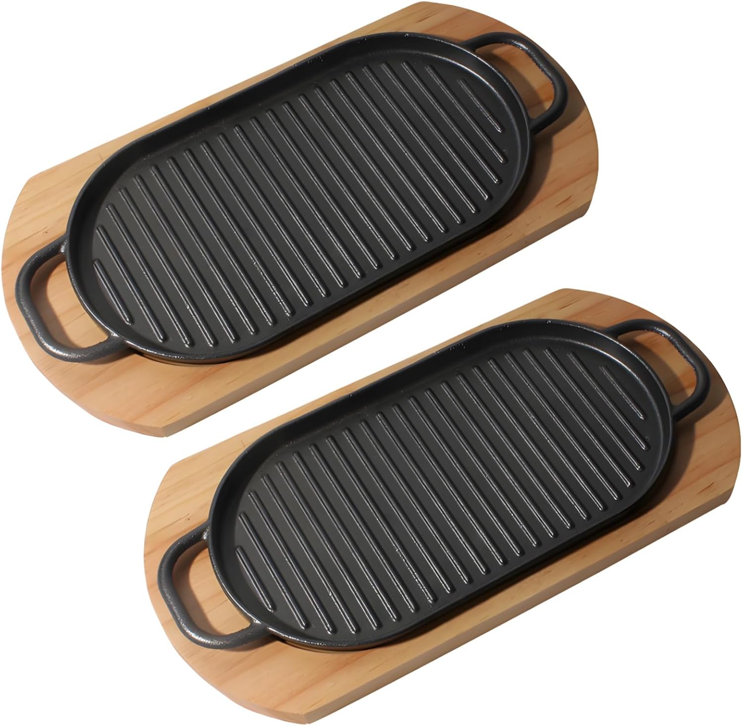 2 Pcs Cast Iron Fajita Skillet, Cast Iron Skillet Set, Sizzling Plate with Wooden Base, Including Removable Handle, Ideal Use for Kitchen Restaurant,12 Inch