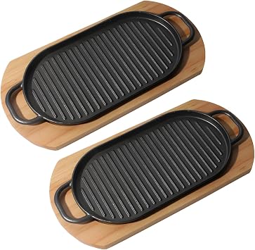 2 Pcs Cast Iron Fajita Skillet, Cast Iron Skillet Set, Sizzling Plate with Wooden Base, Including Removable Handle, Ideal Use for Kitchen Restaurant,12 Inch