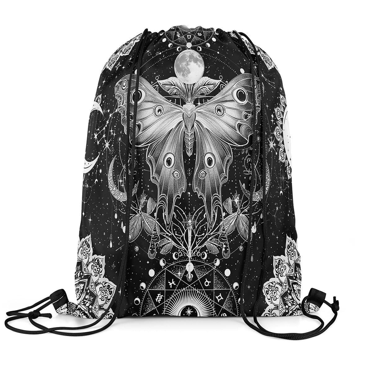 Loussiesd Death Moth Drawstring Backpack 40x33cm for Boho Moth Print Drawstring Bags Sun Moon Butterfly Sports Drawstring Sackpack Decor Galaxy Animals Waterproof Cinch Bag