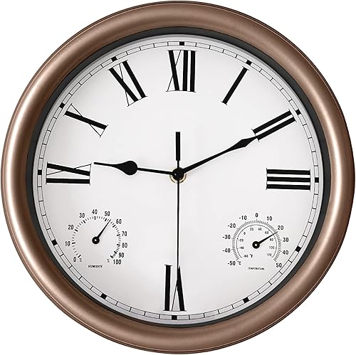QIAEEL Reloj de pared reloj de exterior de 12 pulgadas reloj impermeable al aire libre con termohigrómetro para decoración de interiores y