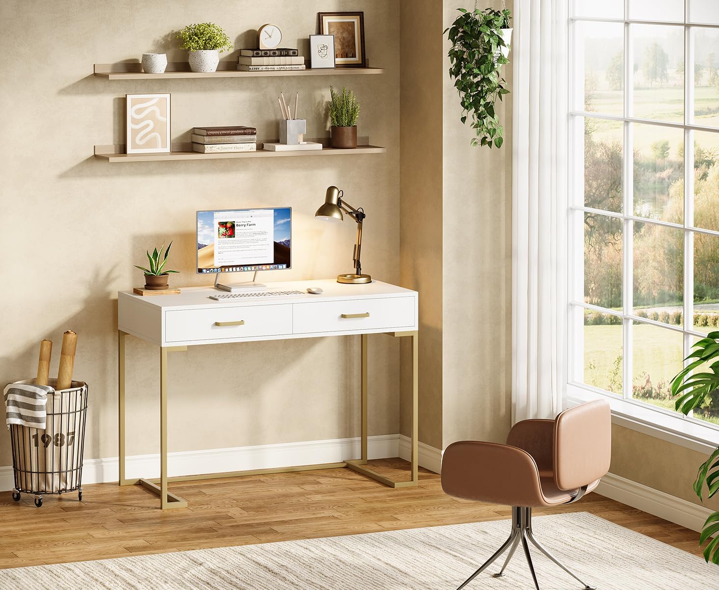 Tribesigns White and Gold Modern Computer Desk with 2 Drawers for Home Office, Bedroom, Small Space (White and Gold)
