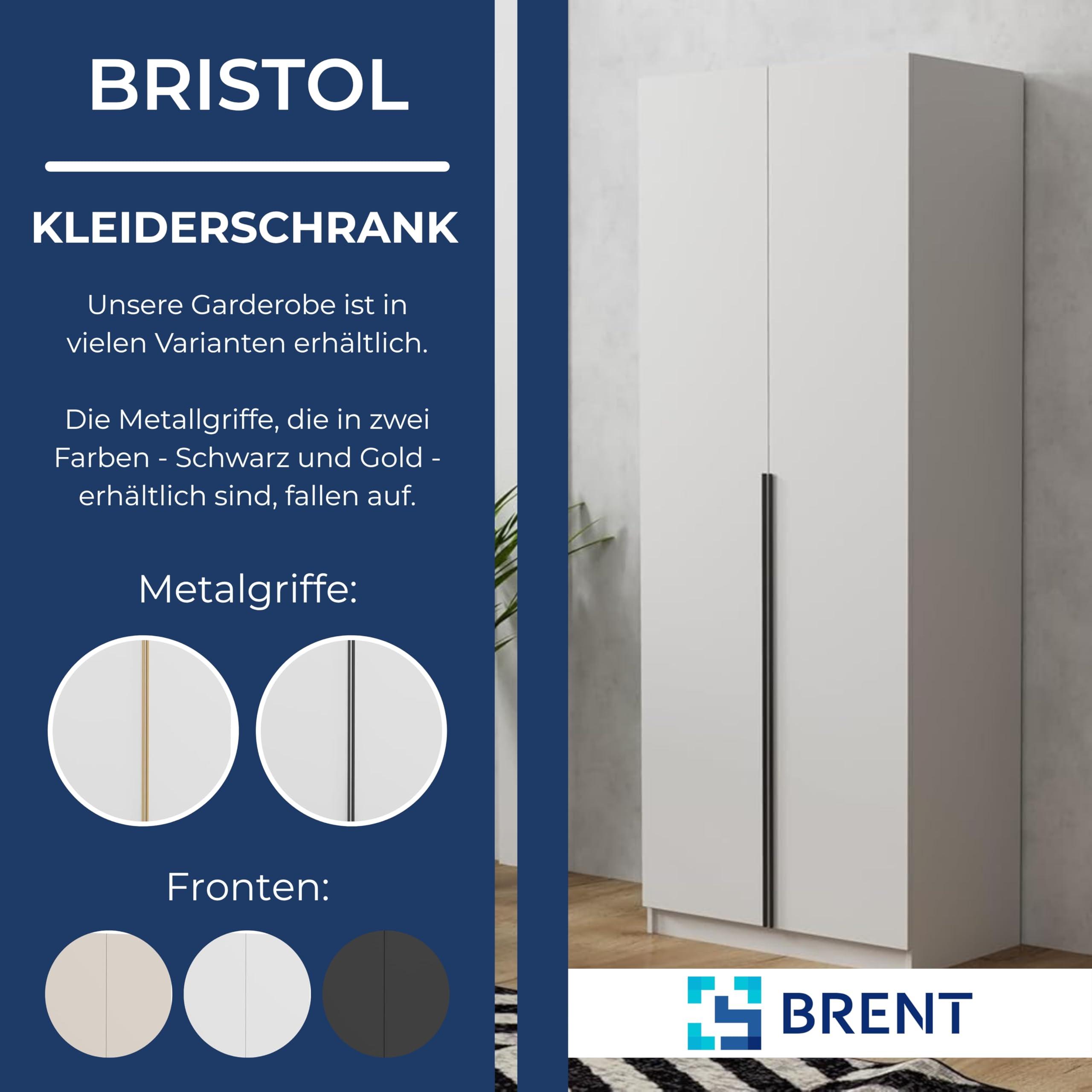 Brent - Kleiderschrank Bristol Schwarz 90 cm Breite, 2-türig, Mehrzweckschrank mit Einlegeböden und/oder Kleiderstange, Aufbewahrungsschrank, Modern Metallgriffe in Schwarz