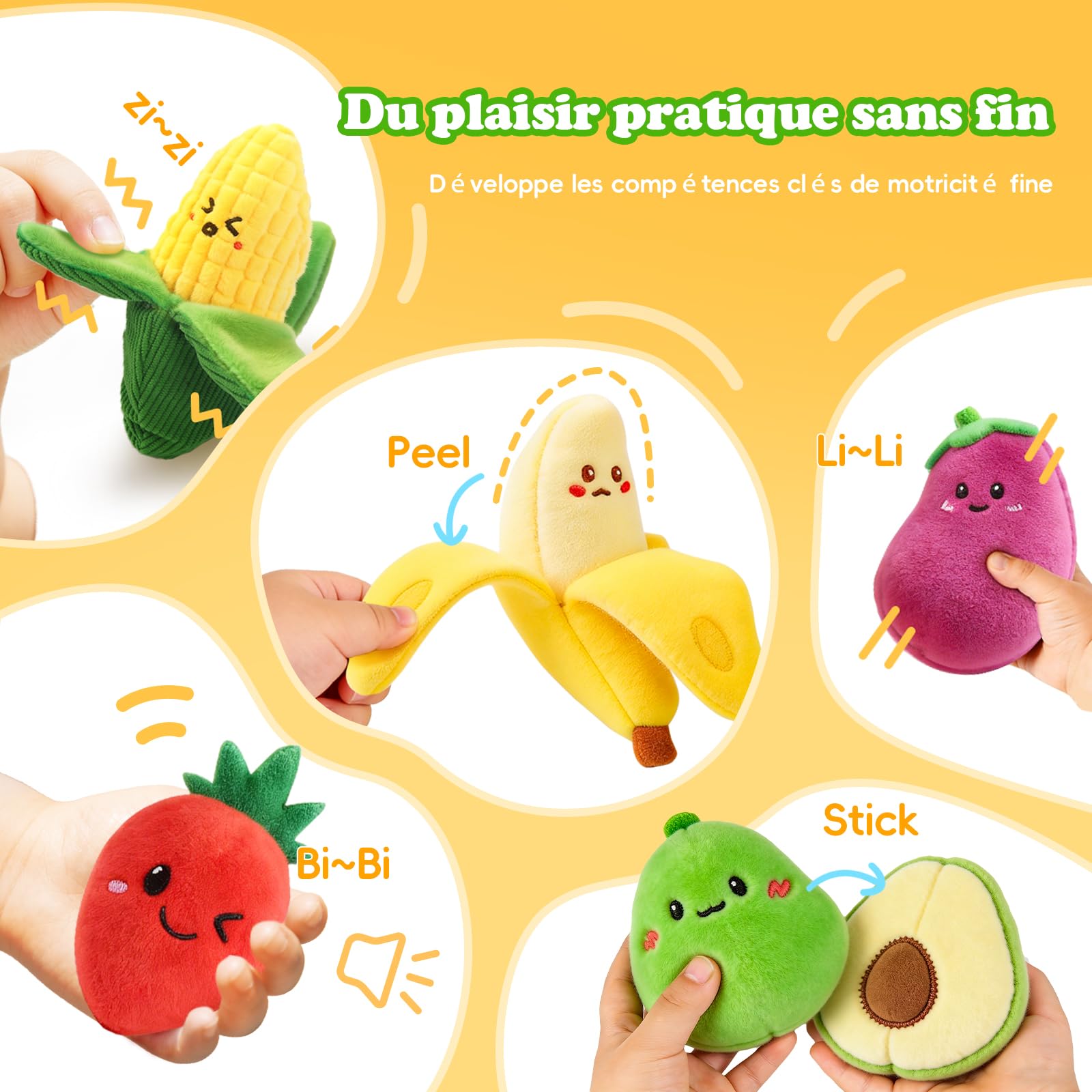 SAIMAND Jouet Montessori Bébé 6M+ Mois, Fruits Légumes en Peluche Originale | Jouet Bebe 1 An, Tri des Couleurs & Motricité Fine, Coffret Sensoriel 16 Pièces avec Paniers, Cadeau Enfant 1 2 3 Ans