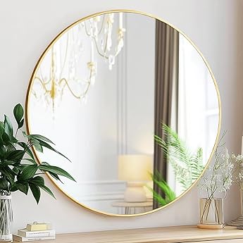 Round Mirror, 18 Inch Gold Bathroom Mirror with Metal Frame, Small Stylish Round Mirrors, Wall Mirror for Bathroom, Entryway, Vanity, Bedroom