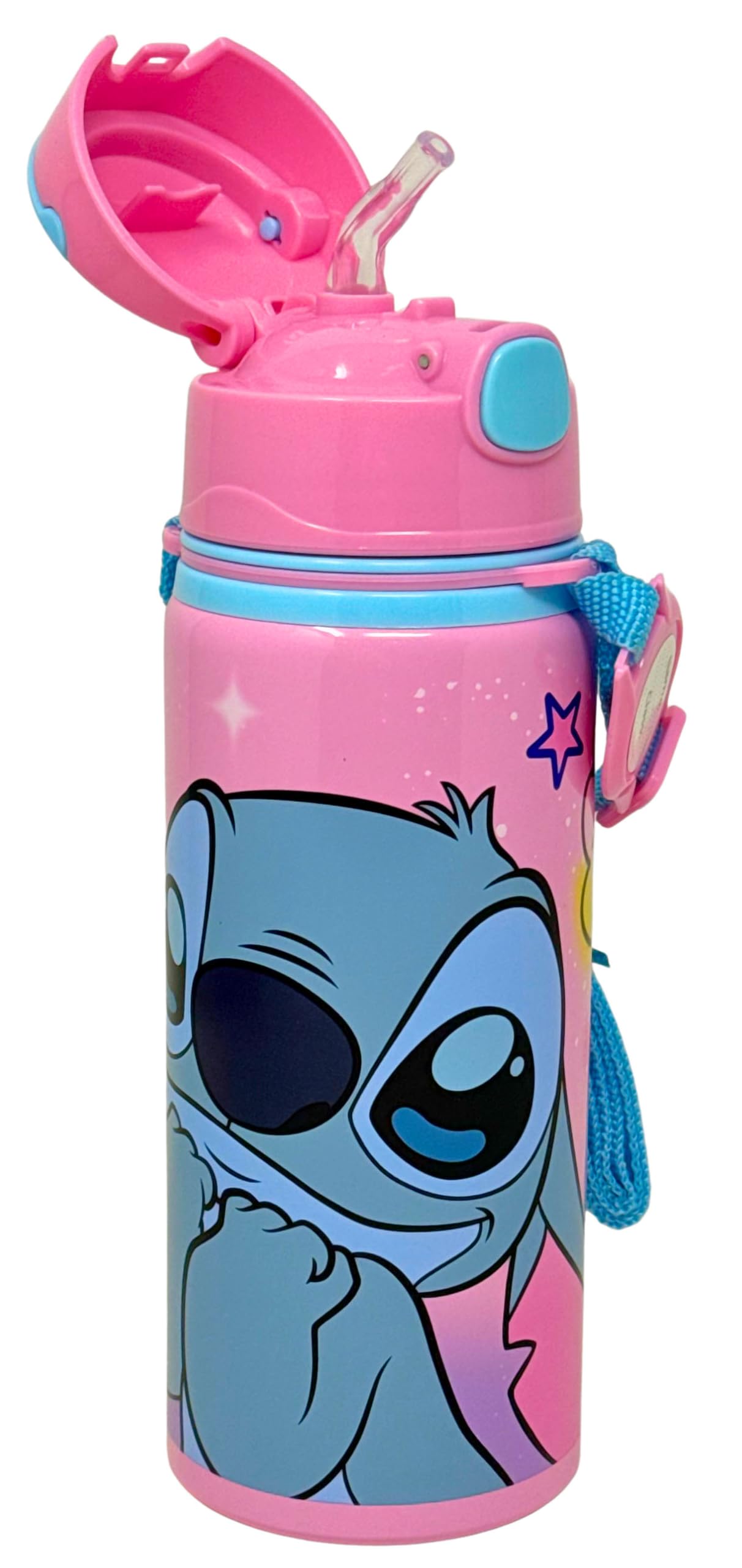 Botella de Agua Infantil Niña para Stitch Fan - Cantimplora Aluminio 600ml con Pajita y Correa (3-10 Años) - Antigoteo, Sin BPA, con Etiqueta Nombre - Ideal Colegio y Guardería