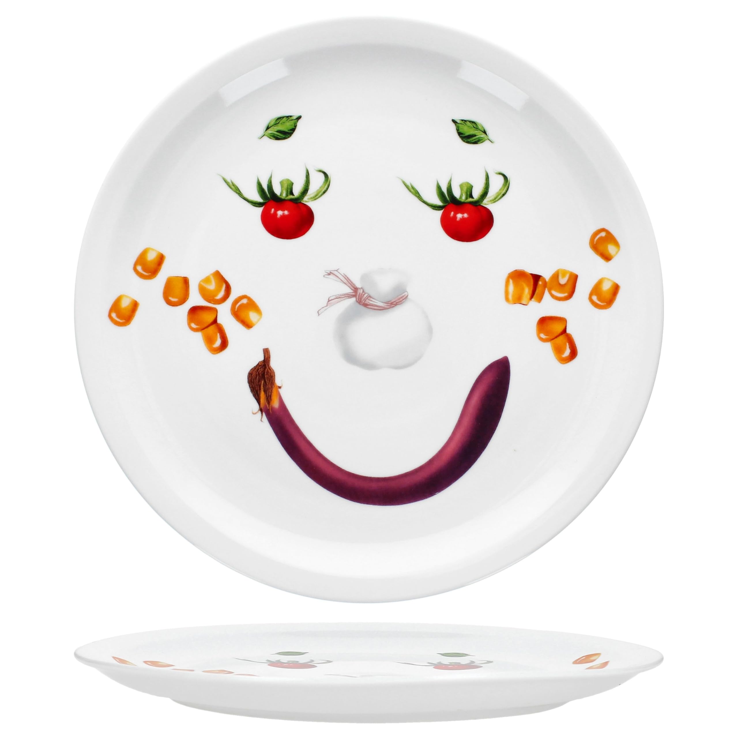 MamboCat 2er Set Smiley Pizzateller I Ø 30,5 cm I lustige Servierplatte aus Porzellan mit Gemüse-Gesicht I Kinderteller, Partyteller, Familienpizza I für Pizza, Flammkuchen & mehr