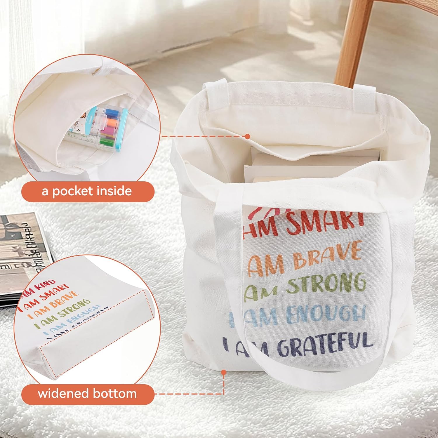 Fantasyon Positive Affirmations Gifts for Women Inspirational Canvas Tote Bag with Rainbow Makeup Bag I Am Kind I Am Smart Motivational Gifts for Women Teacher Nurse Coworker Birthday School Supplies image 5