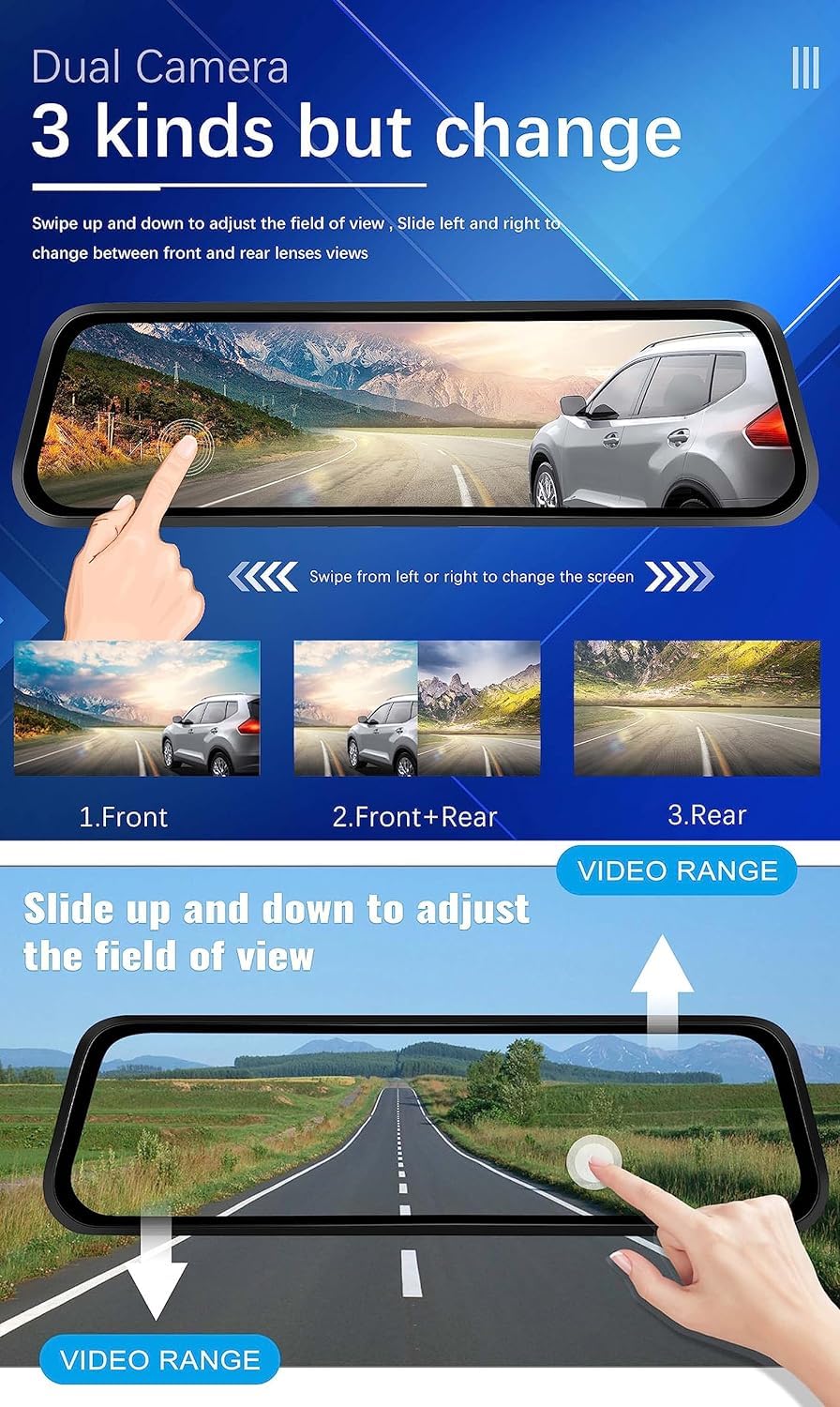 CAMECHO Cámara de visión Trasera Delantera con Espejo de 9,66 Pulgadas y 2,5 K con Tarjeta de 64 GB, cámara de Respaldo con Espejo retrovisor con Pantalla táctil Full HD de 1080P con visión Nocturna