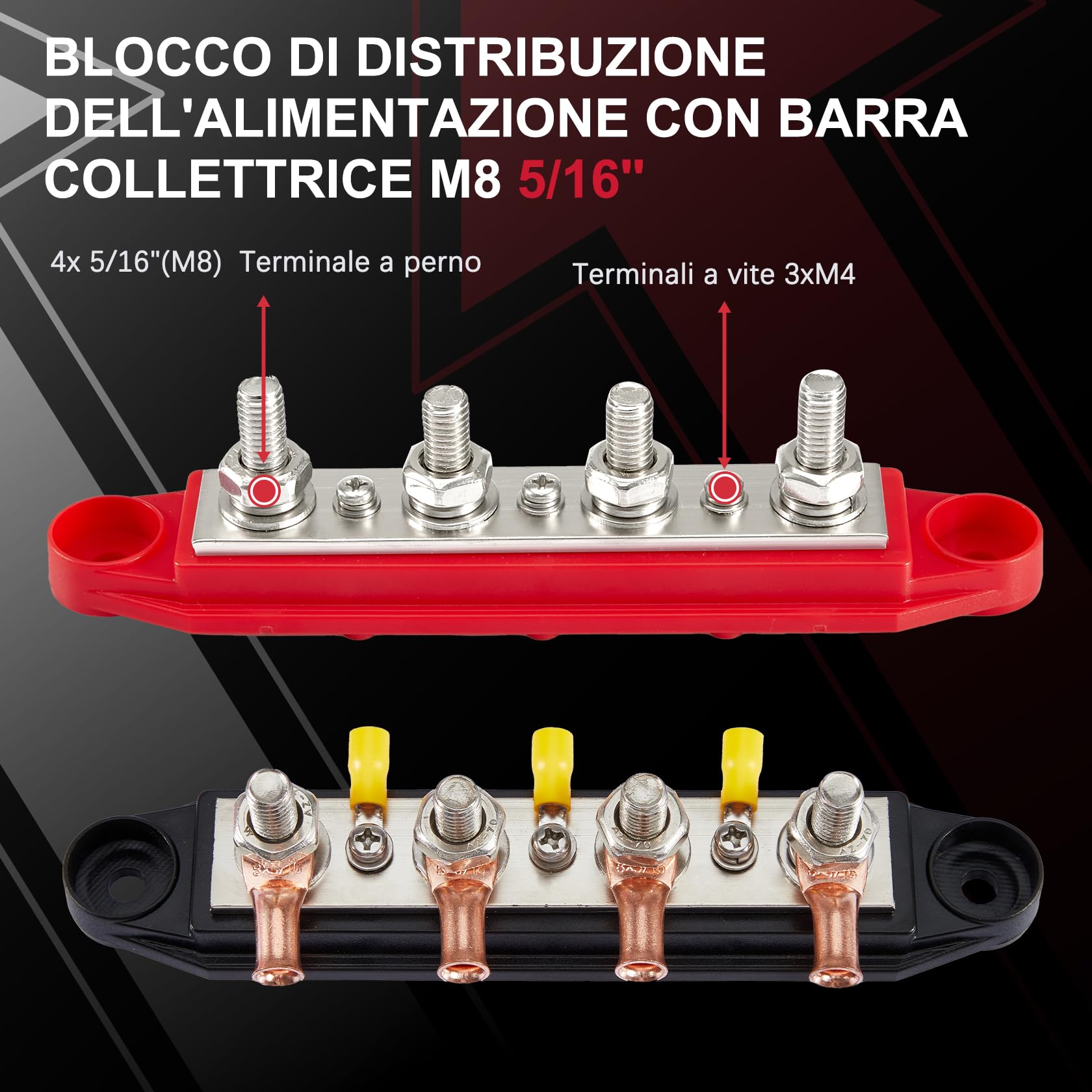 Pindex Blocco di Distribuzione M8, 250 AMP DC 12-48 V, 4 Bulloni M8, Barra di Raccolta 12 V, Rosso e Nero, Per Camper, Navi, Yacht, Auto, Camion