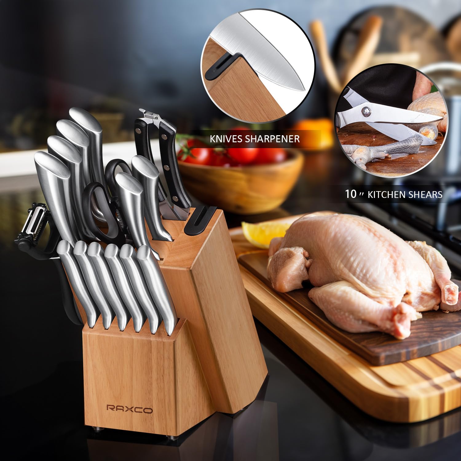 RAXCO Bloc à couteaux, Set de 18 couteaux de cuisine en acier inoxydable - Set de couteaux à steak, Sets de couteaux de cuisine professionnels avec bloc et aiguiseur (Oak)