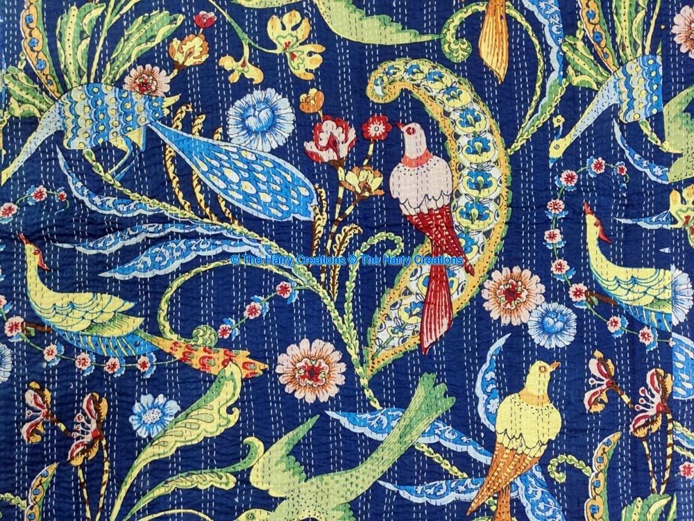 100% Cotton Ethnic Kantha Bird Bohemian Throw Bedspread Decor Peacock Printed Handmade Coverlet Blanket Quilt (Blue, California King 108"x108" with Sham Covers)