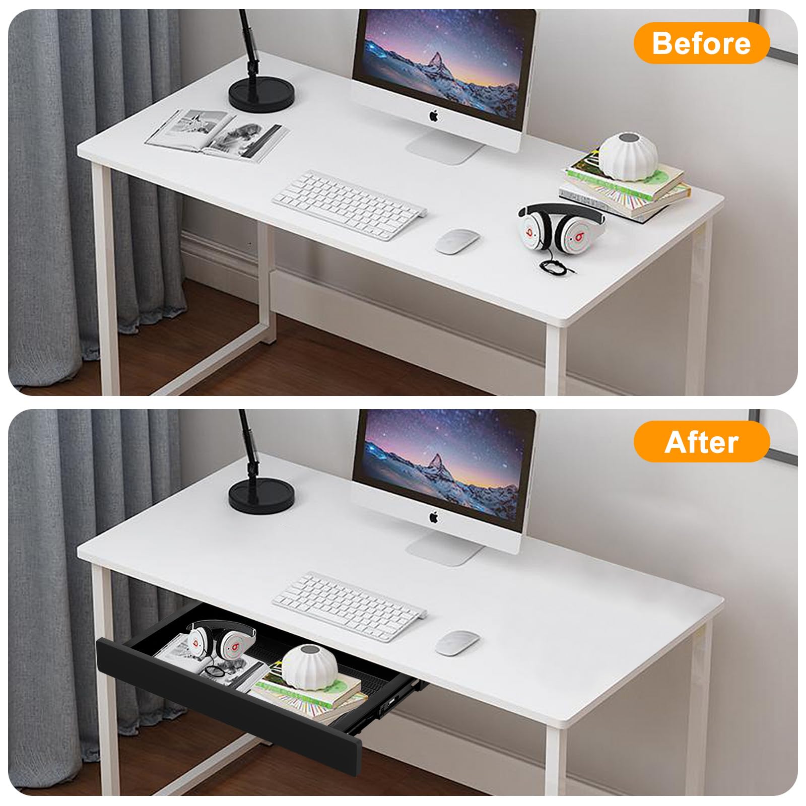 OSteed Onder bureaulade-organizer 54 cm met 4 kunststof scheidingsbakken, uitschuifbare uittrekbare potloodlade opbergdoos voor thuiskantoor staande werktafel, bureauaccessoires, zwart