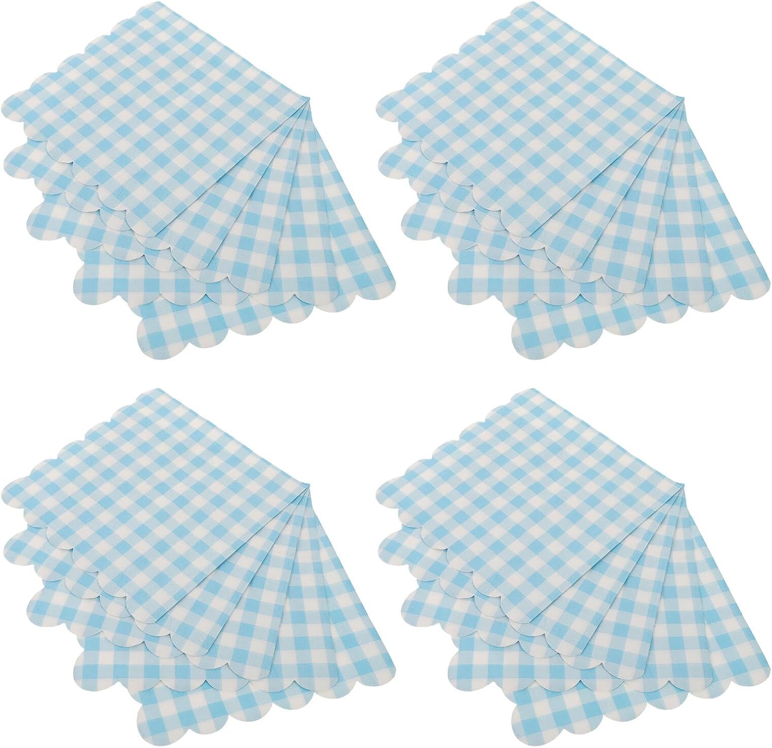 Disposable Blue Plaid Party Napkins, Decorative Paper Dinner Napkins with Scalloped Edges, 100-count (25pcs X 4 Packs), Birthday and Event Tableware
