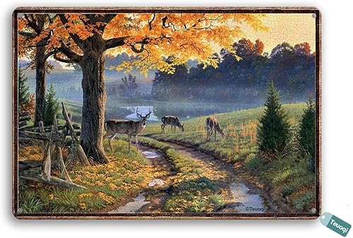 Cartel vintage de lata de Halloween rústico cabaña bosque alce árbol de otoño animales vida silvestre campamento caza pared decoración del hogar 8 x