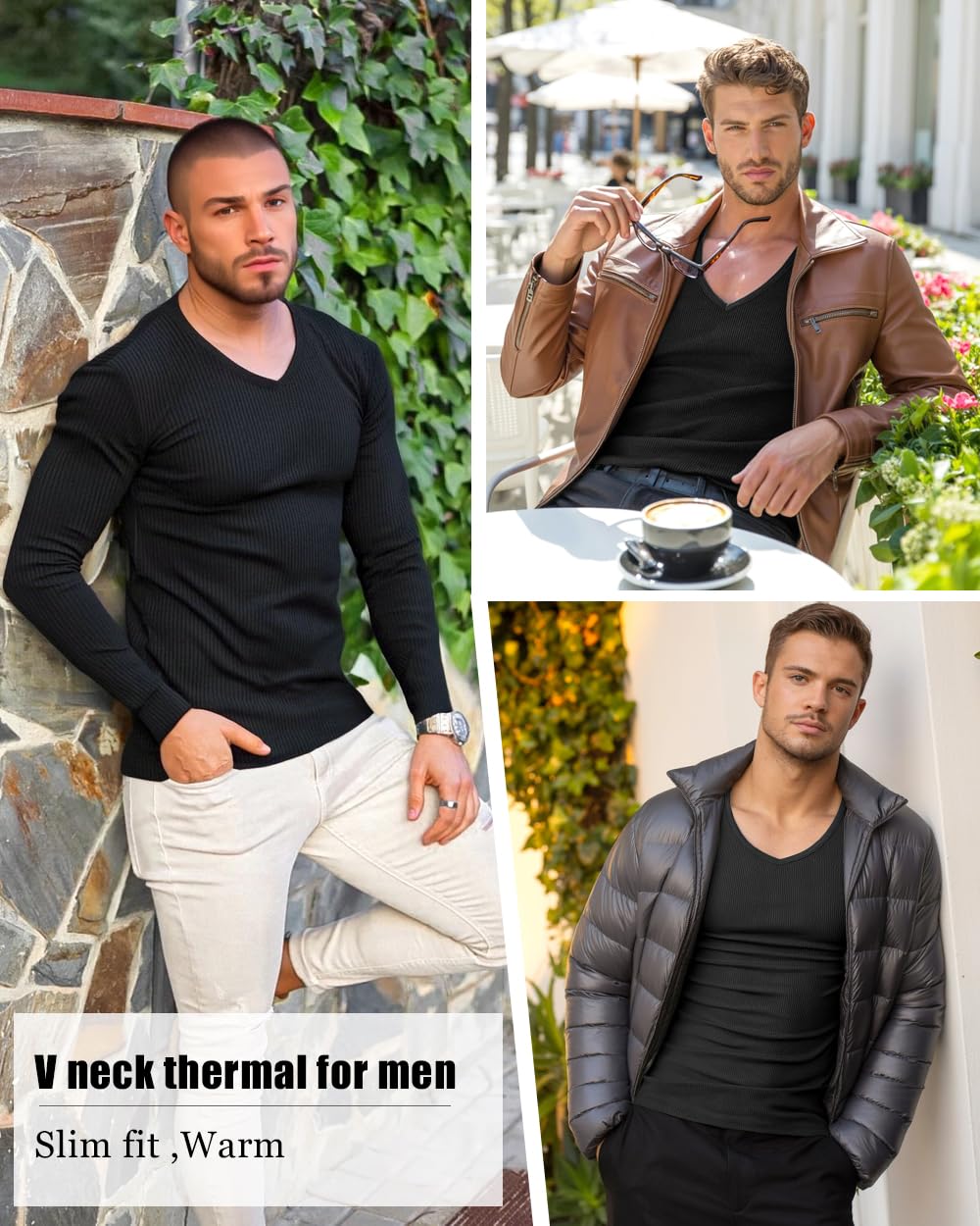 Lehmanlin Herren Langarmshirt Thermounterwäsche Thermo Oberteil Longsleeve Thermoshirt Slim Fit V-Ausschnitt S-2XL
