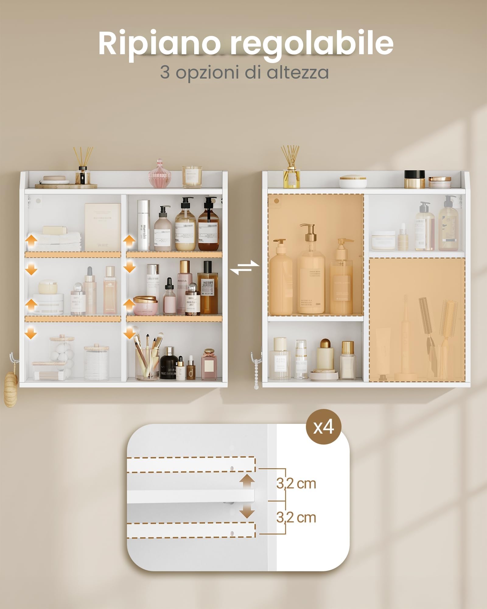 Hzuaneri Mobiletto Bagno Sospeso, Mobile Bagno Sospeso con Ripiani Regolabili, Dotato di Ante Scorrevoli e Scomparti Aperti, Adatto per Bagno, Cucina e Lavanderi, 20 x 60 x 60 cm, Bianco BC30203X