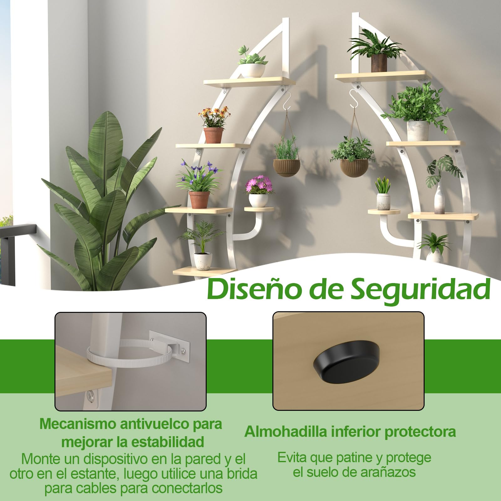COSTWAY Soporte para Plantas Esquinero de 7 Niveles, Estantería Metálica para Plantas Interior, Forma de Luna con Gancho Superior, Soporte Alto para Macetas, Patio, Jardín, 60x30x155 cm (Blanco,1)