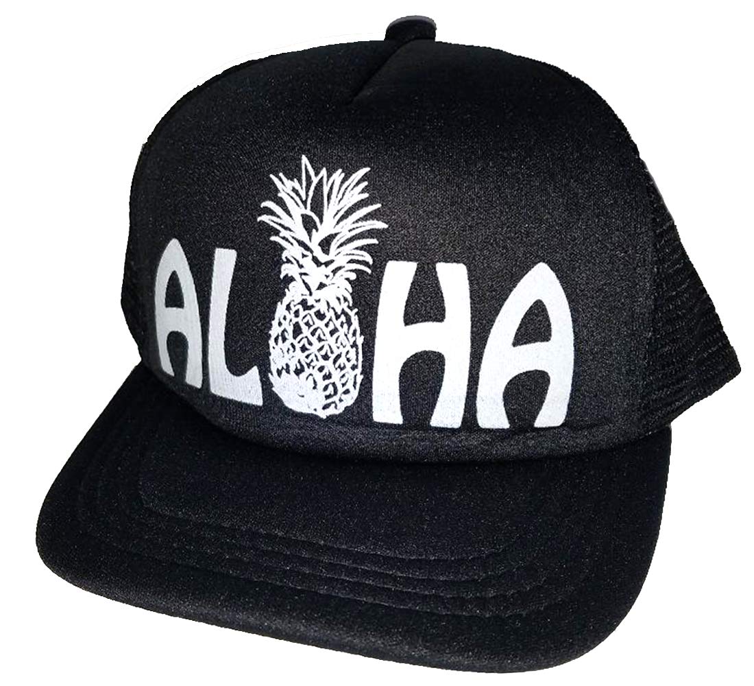 Toddler Kid's Aloha Pineapple Hawaii Beach Summer Mesh Trucker Hat Cap Snapback (Black/White)