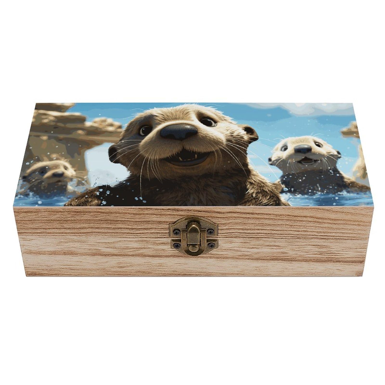 Lovely Sea Otter Print Wooden Storage Box Exquisite Durable Wood Gift Case Sturdy Vintage Jewelry Wooden Chest for Art Hobbies Storage Keepsake Gift