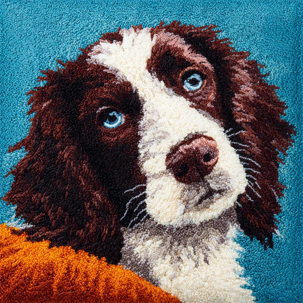Rqwybcaxn Latch Hook Kit Unfinished Cushion Cover with Printed Canvas English Springer Spaniel Dog Pillowcase Sewing Making Kits for Beginners Adults Kids Embroidery Kits Home Decoration 17X17Inch