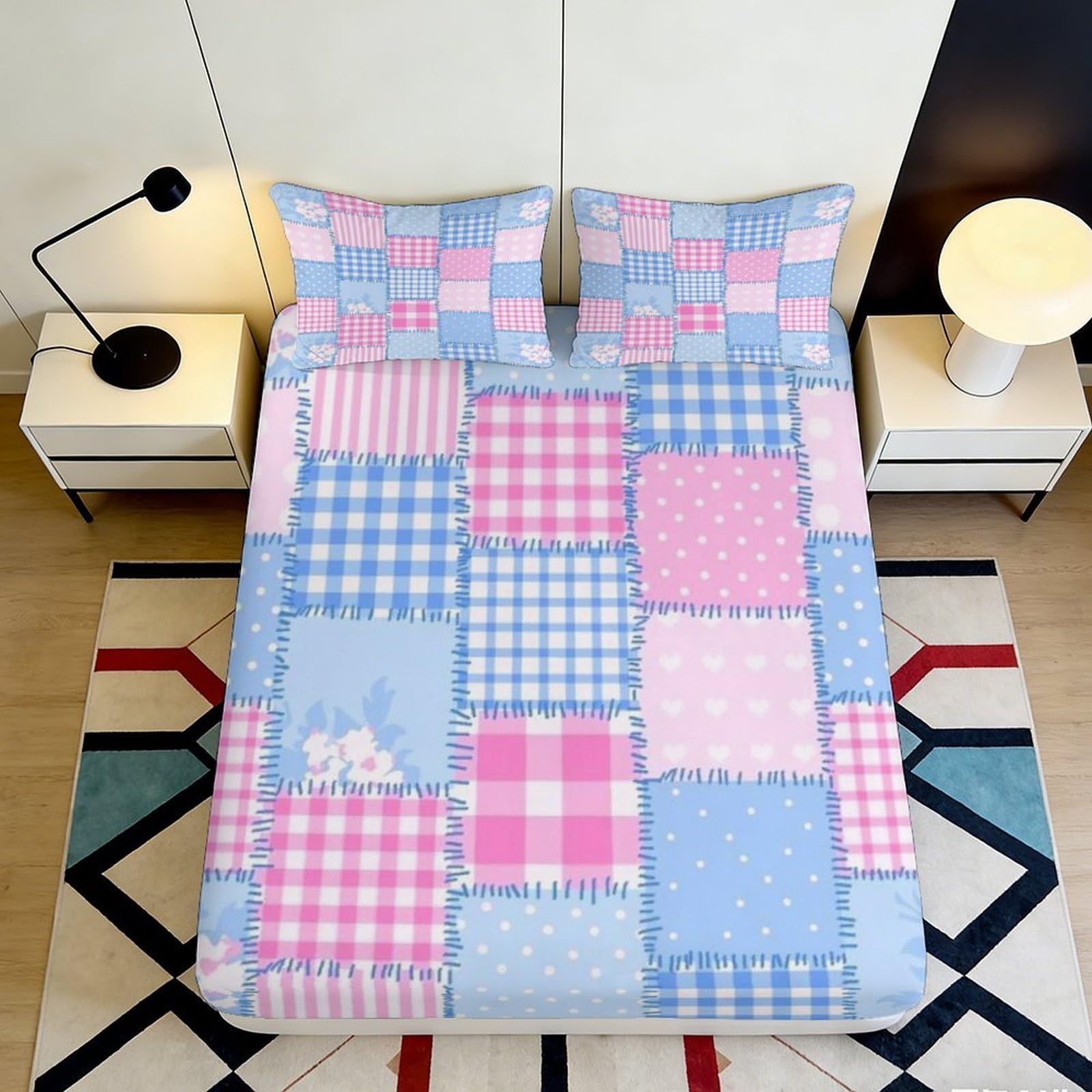 3D Printed Patchwork Plaid Fitted Sheet Microfiber Soft Pink Blue Checkered Mattress Cover for Bedroom Home Decor 90x200x25cm