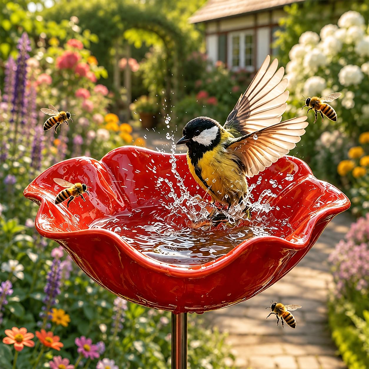 Vogeltränke Blume, Vogeltränke Stehend, Ekorative Bienentränke, Handgefertigt Gartenstecker Vogelbad Blume Dekorative Futter und Tränkschale für Vögel und Bienen (Red, Blue, Yellow)