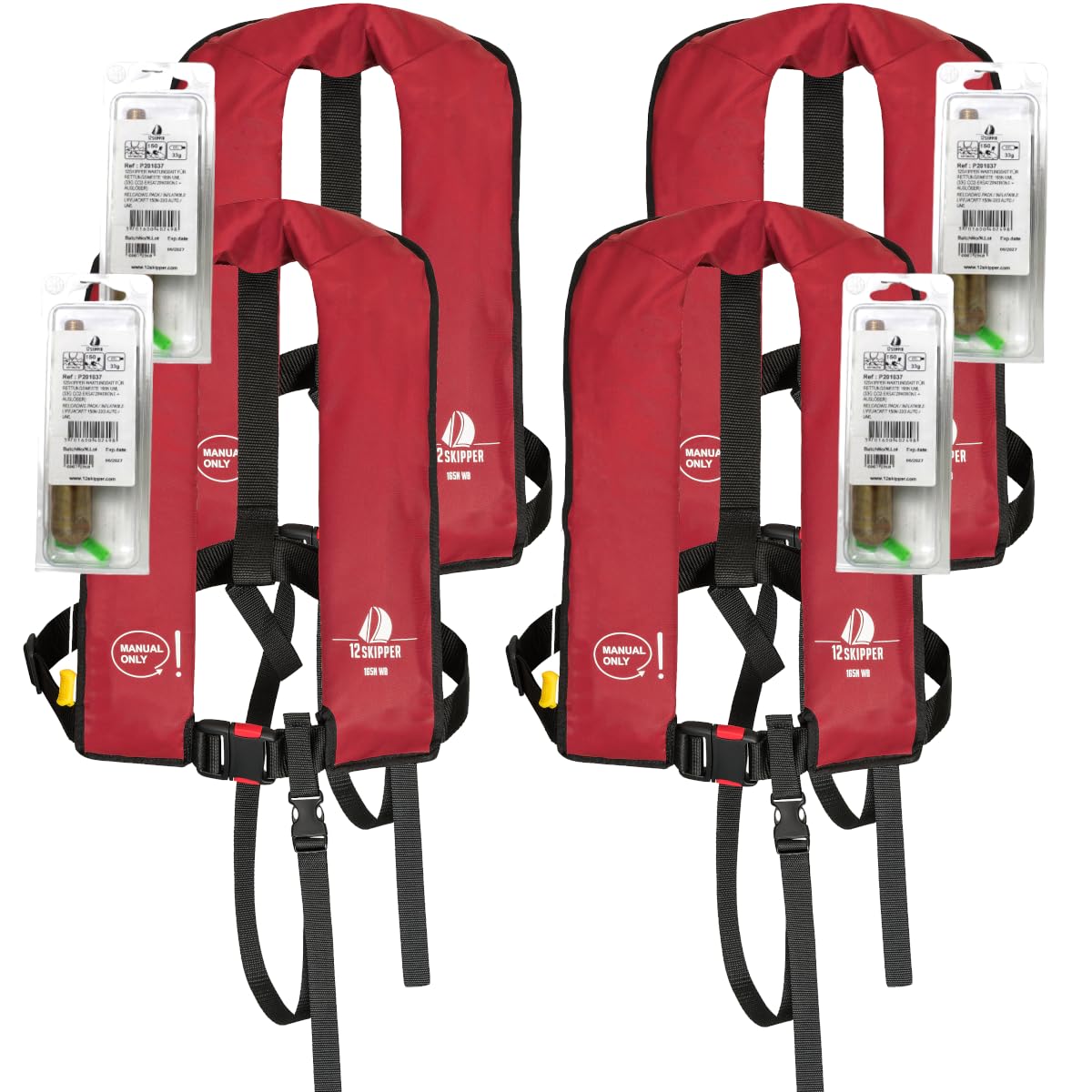 4er-Set 12skipper Rettungsweste 165N ISO mit manueller Auslösung, rot inkl. 4 Wartungskits