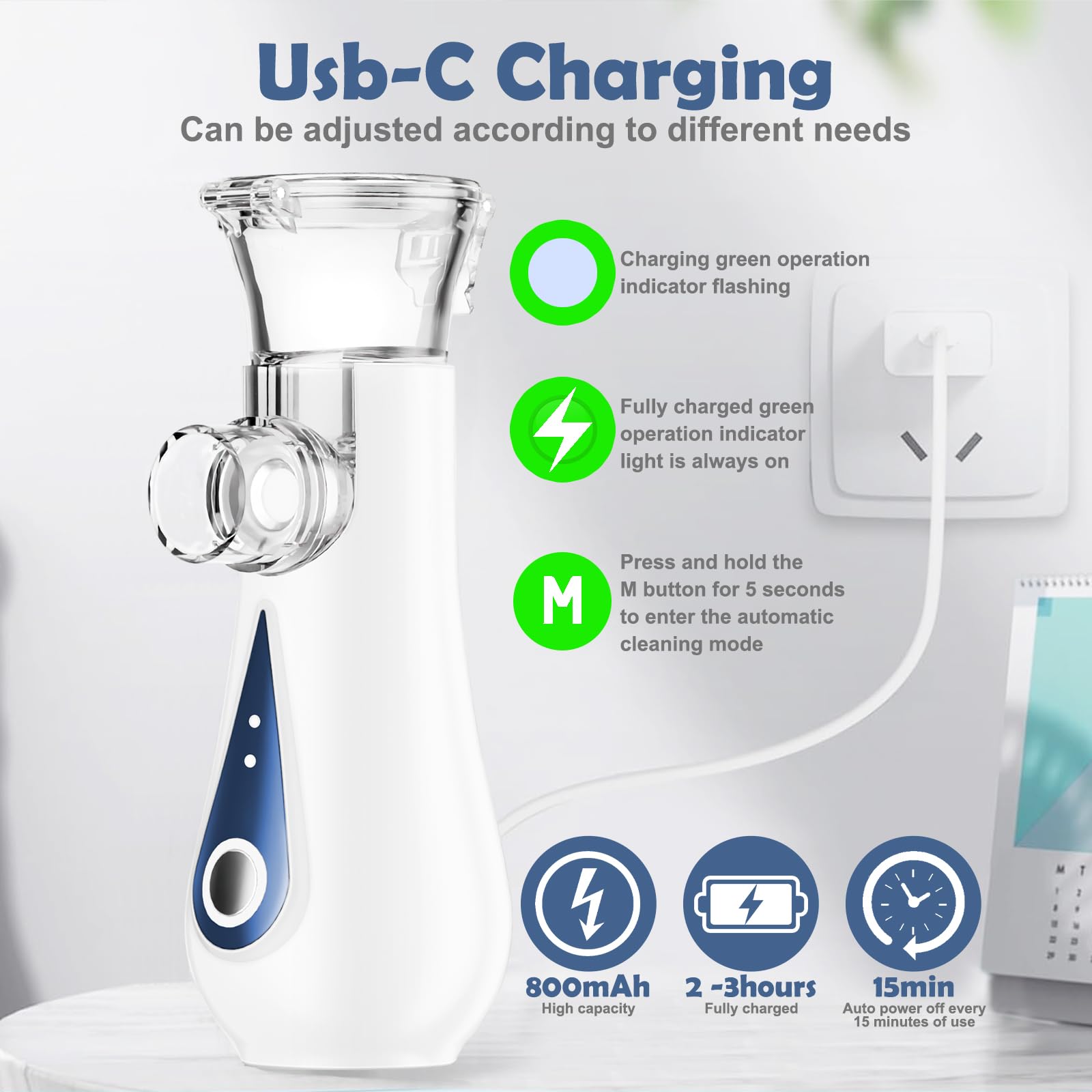 Aerosol Portatile Silenzioso, Ultrasuoni Macchina Aerosol Adulti e Bambini, Ricarica USB-C Apparecchio Aerosol, Nebulizzatore Aerosol con 2 Maschere e Boccaglio, per Uso Domestico e in Viaggio, Blu