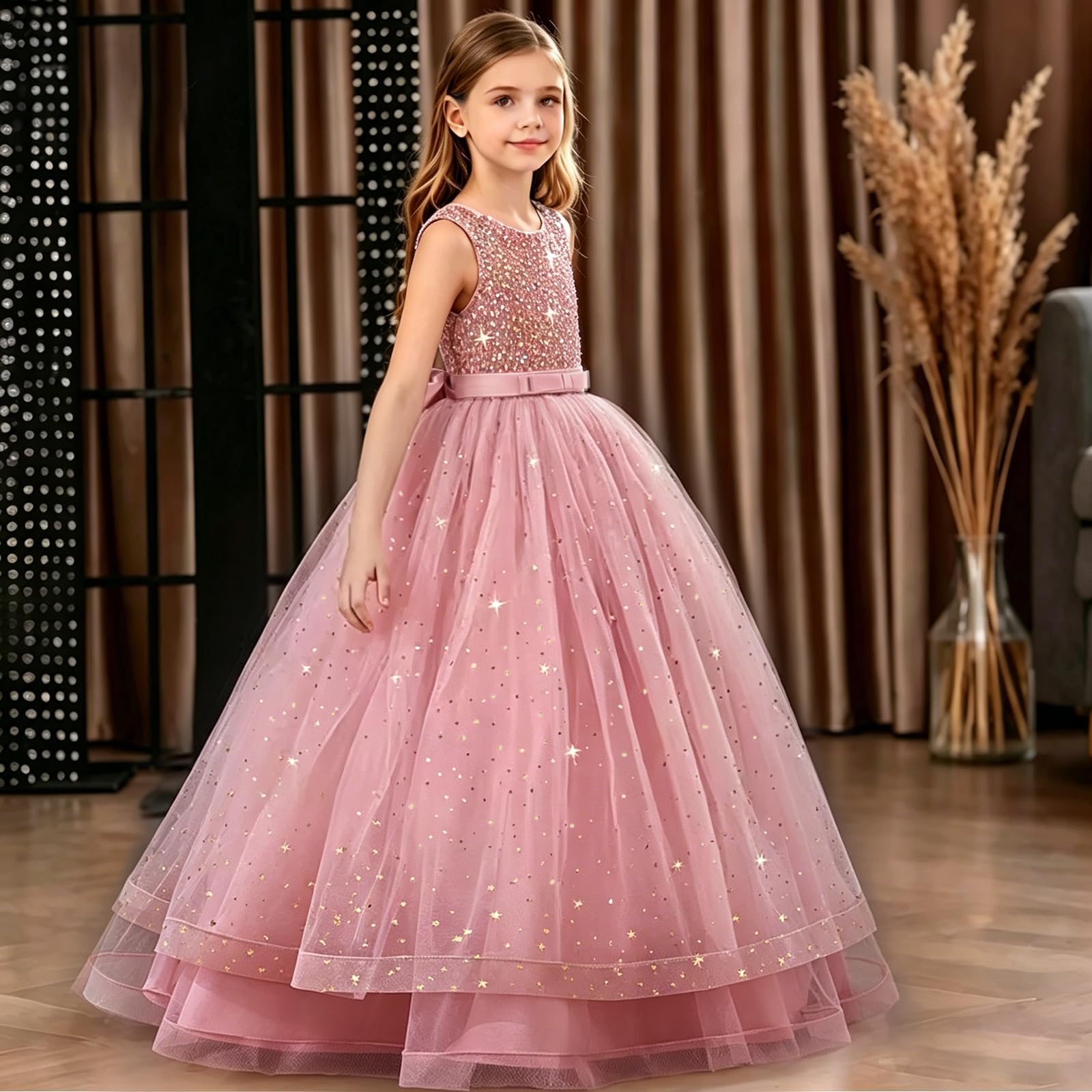 Formelles Kleid für Mädchen, Tüll, Prinzessinnenkleid, ärmellos, Rundhalsausschnitt, lange Kleider für Hochzeit, Blumenmädchen, Geburtstag, Party, Gastgeber, formelle Veranstaltungen, rose, 8-9 Jahre