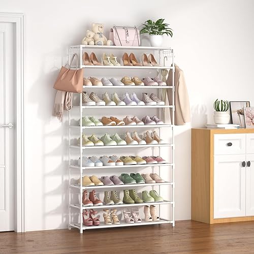 Miniatura 2 de Zapatero de 10 niveles, 50 pares, organizador de zapatos alto de gran capacidad, almacenamiento de zapatos resistente con dos ganchos, ahorra