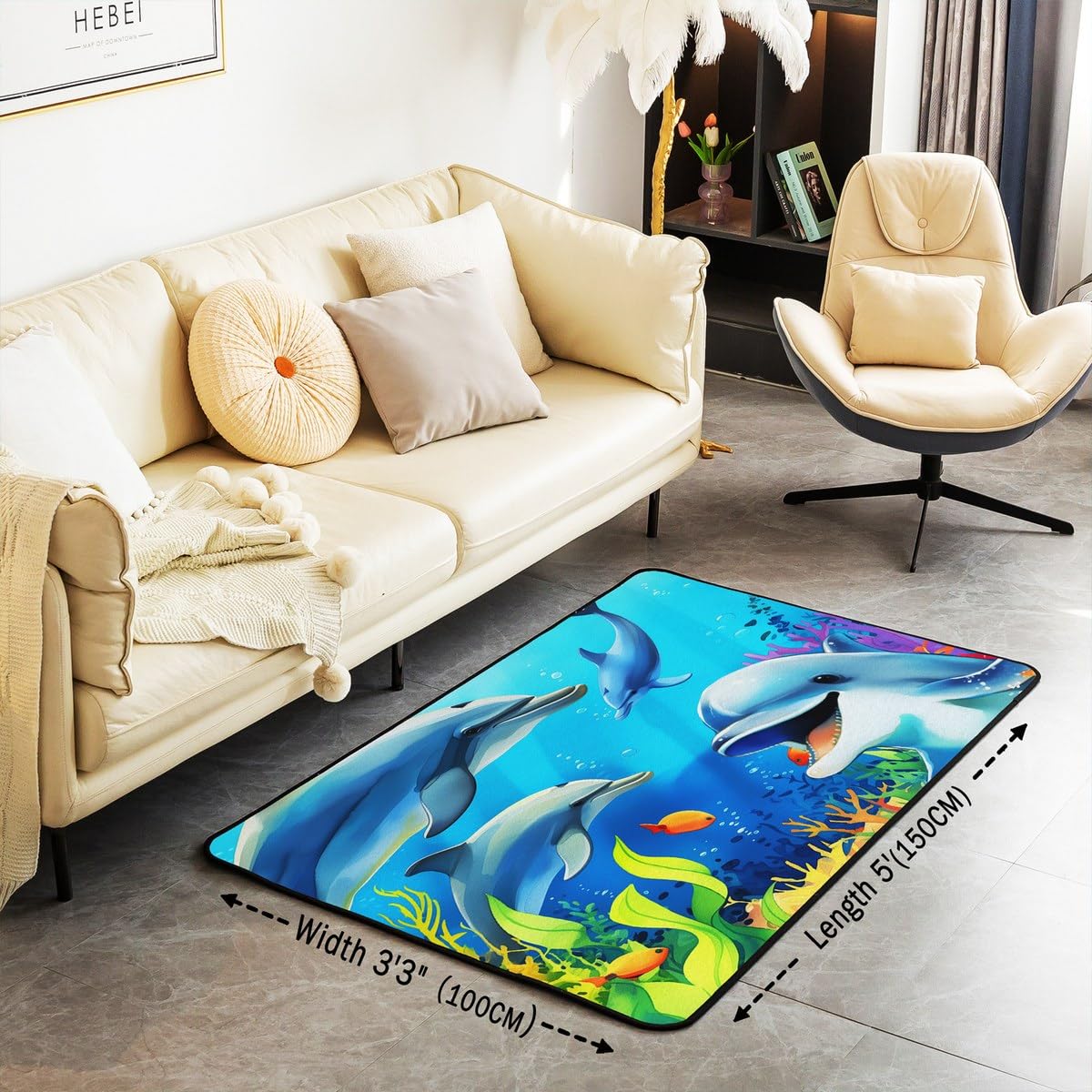 Kids Dolphin Living Room Rugs 3x5, Underwater World Area Rug Non Slip, Colorful Fish Carpet, Sealife Ocean Theme Rug, Seaweed Reef Modern Decorative Accent Rug for Kids Girls Boys Bedroom Bedside