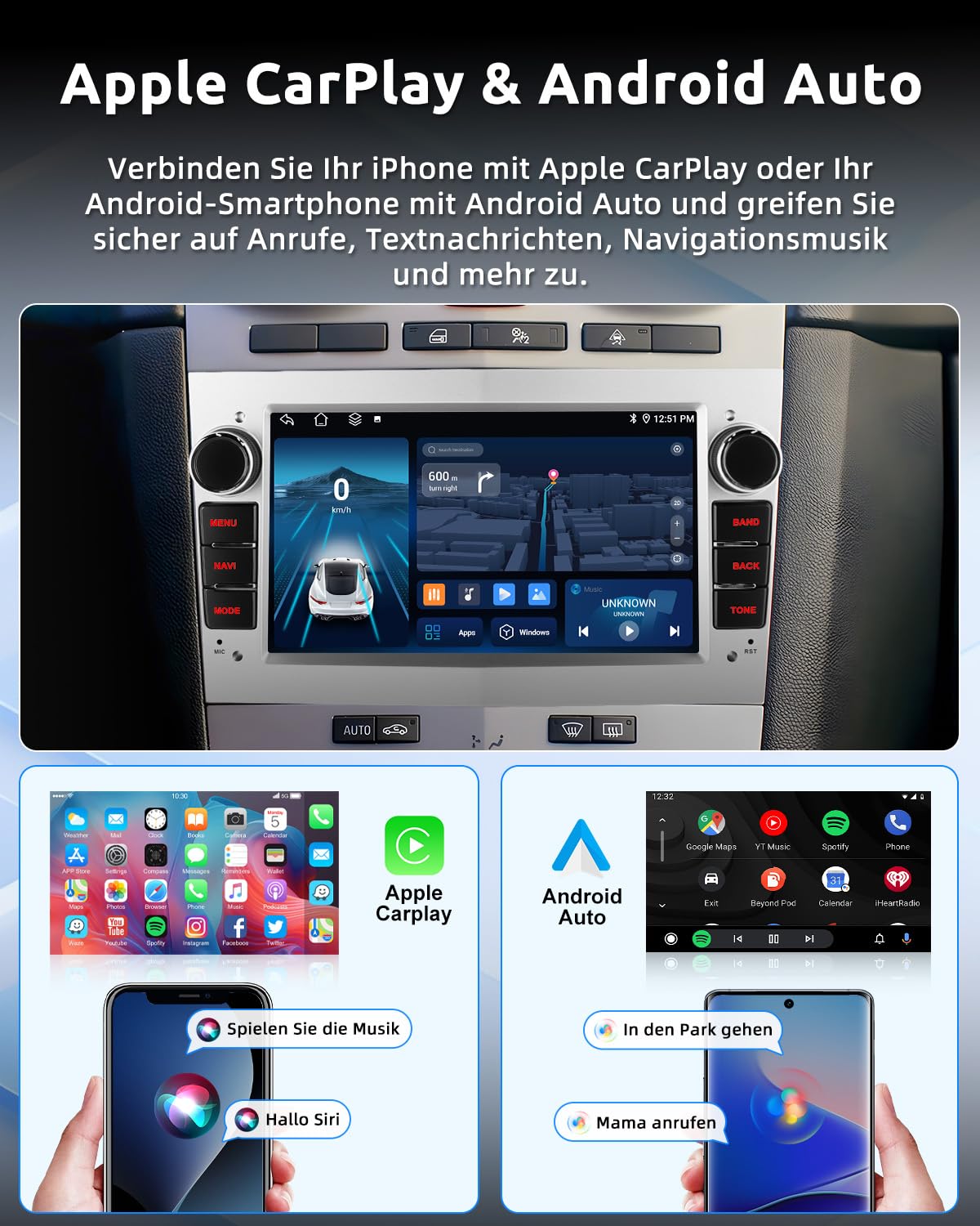 ESSGOO 2+64G Wireless Autoradio Android 14 mit Carplay und Android Auto Für Opel Astra H Corsa C/D Vectra C Zafira 7 Zoll IPS Touchscreen Bluetooth FM RDS GPS Silber Mikrofon