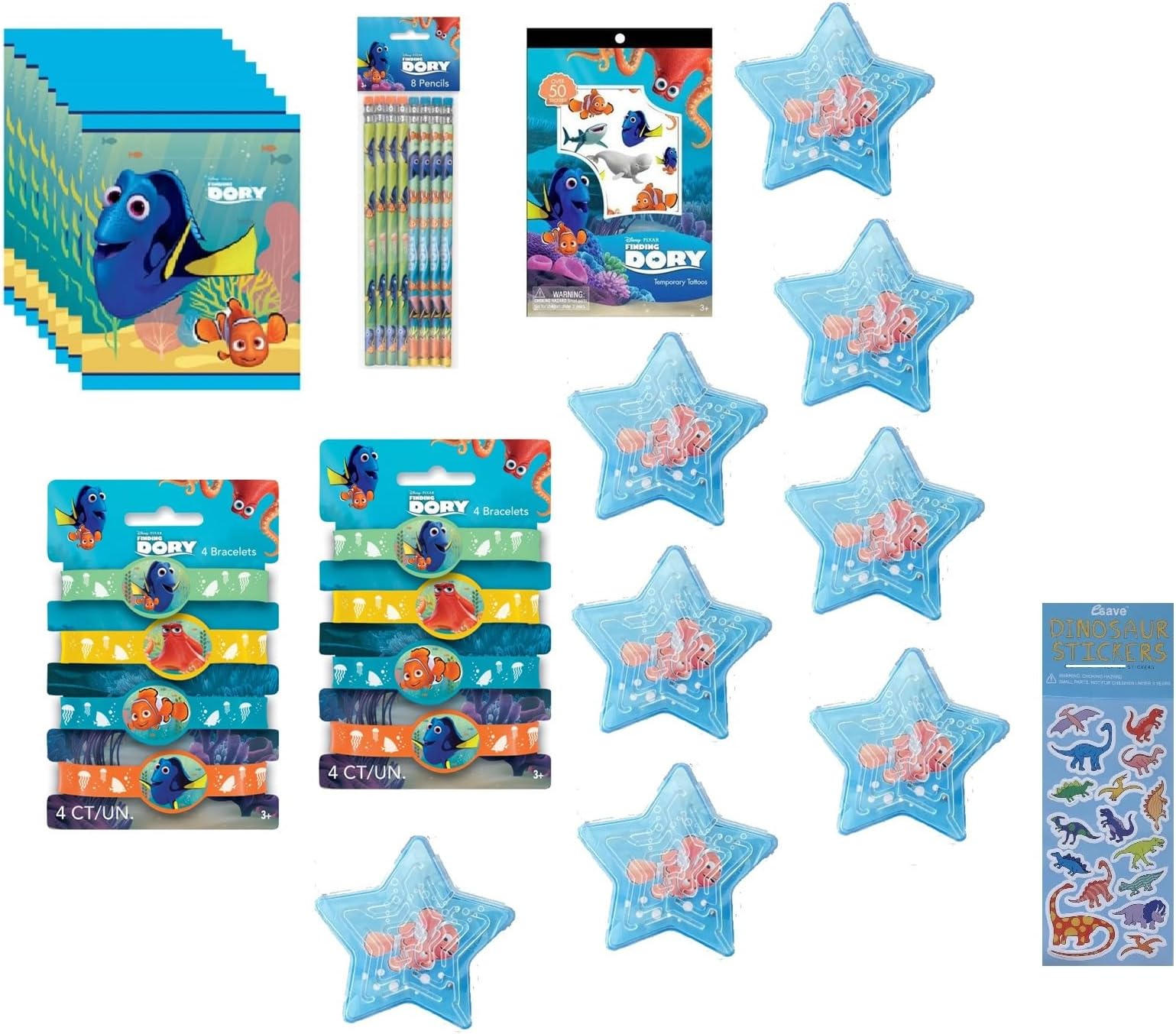 Unique Disney Finding Dory Nemo Birthday Party Supplies Bundle includes 8 Loot Bags, 8 Sticker Sheets, 8Pencils, 8Maze, 50Tattoos