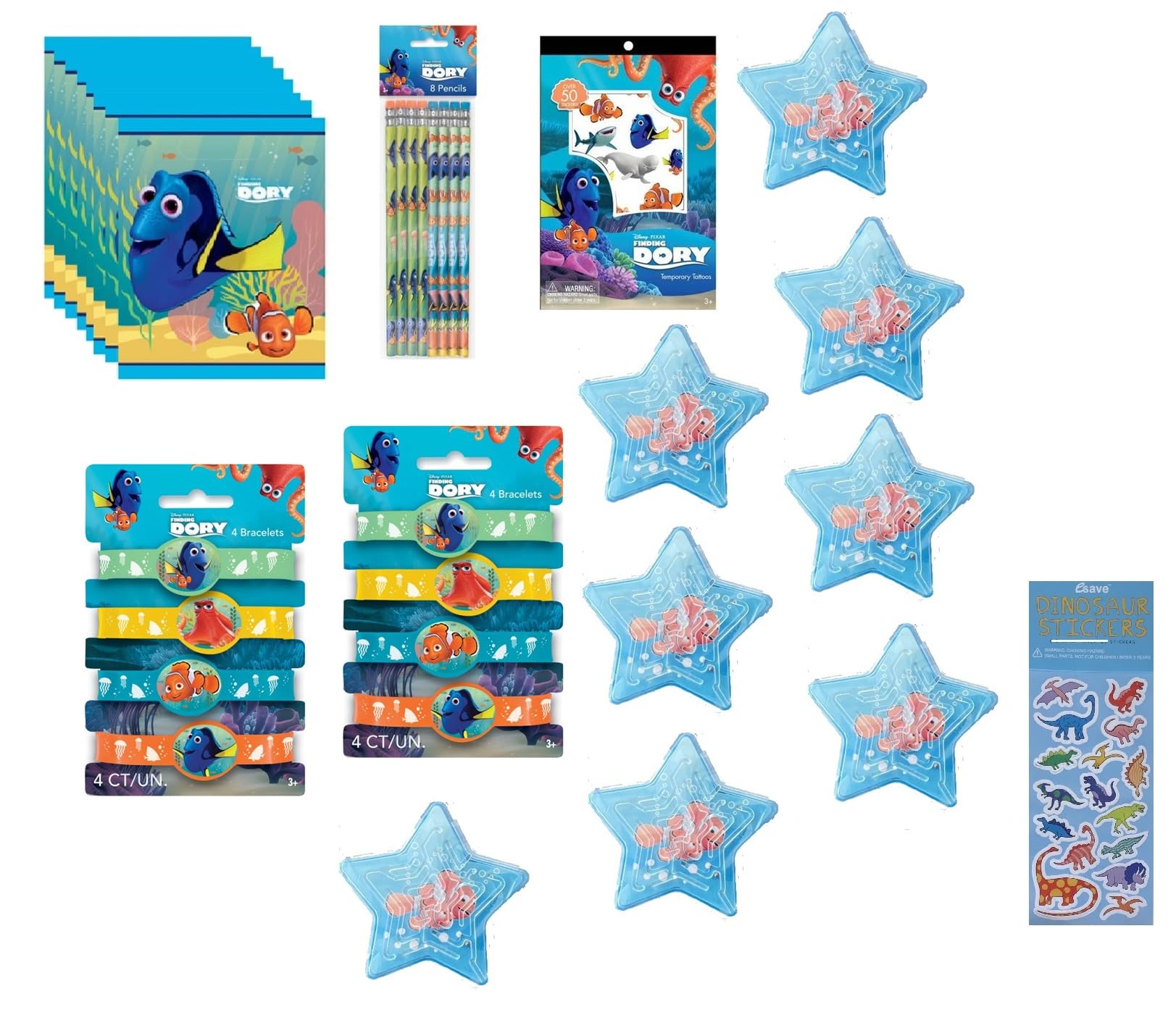 Unique Disney Finding Dory Nemo Birthday Party Supplies Bundle includes 8 Loot Bags, 8 Sticker Sheets, 8Pencils, 8Maze, 50Tattoos