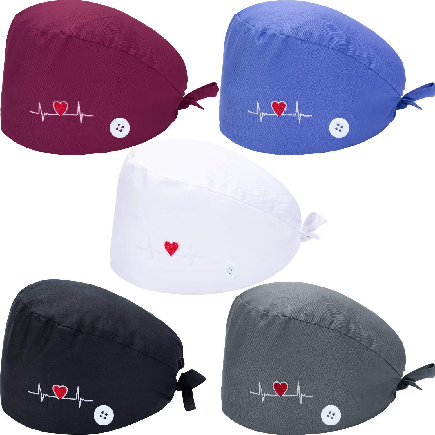 SATINIOR5 Pieces Bouffant Cap with Buttons Unisex Sweatband Adjustable Tie Back Hat