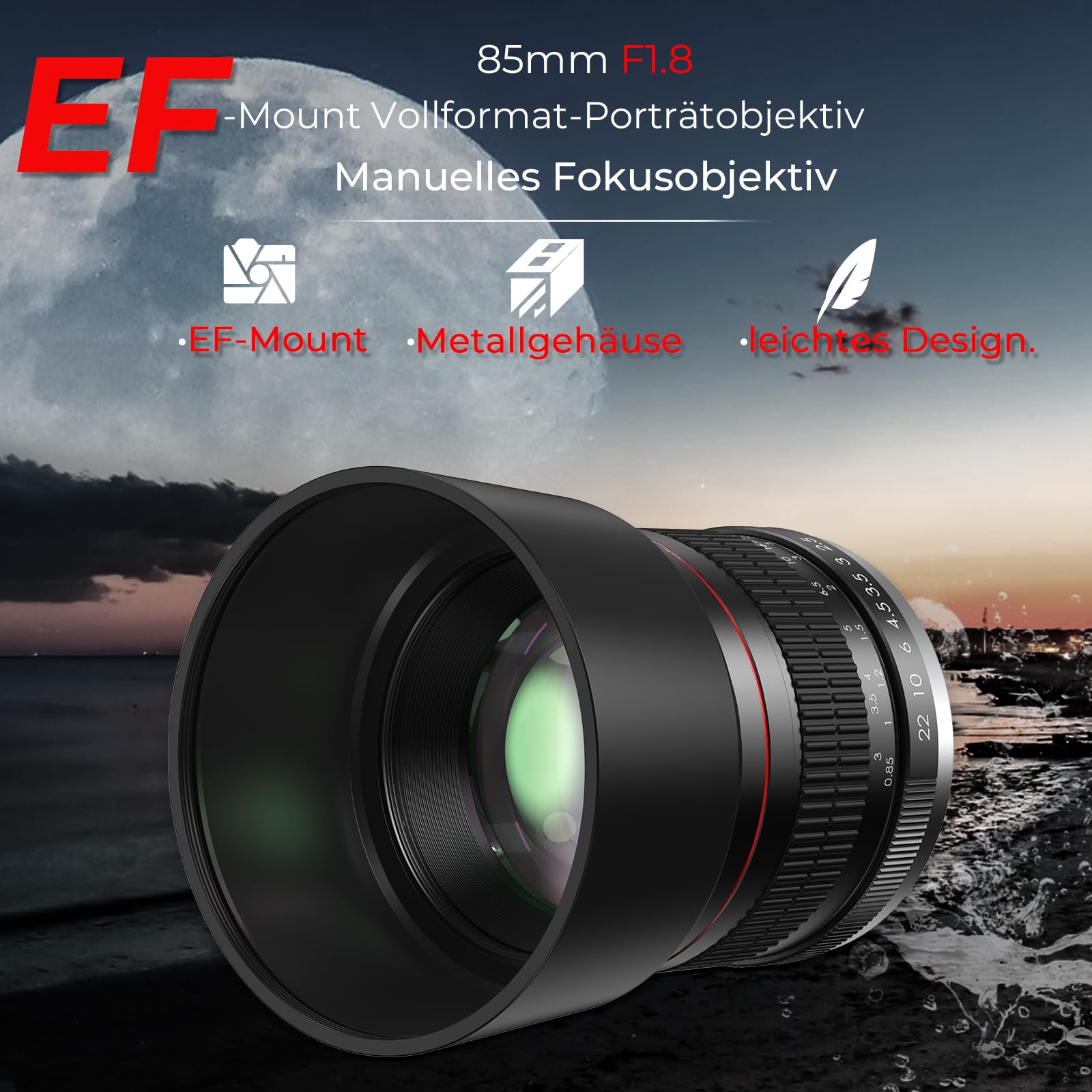 Lightdow 85mm F1.8 Portraitobjektiv für Canon EF/EF-S | Professionelles MF-Festbrennweiten-Objektiv mit Vollformat & APS-C | Für EOS DSLR Kameras wie Rebel T7, T6, 6D, 5D, 850D, 4000D