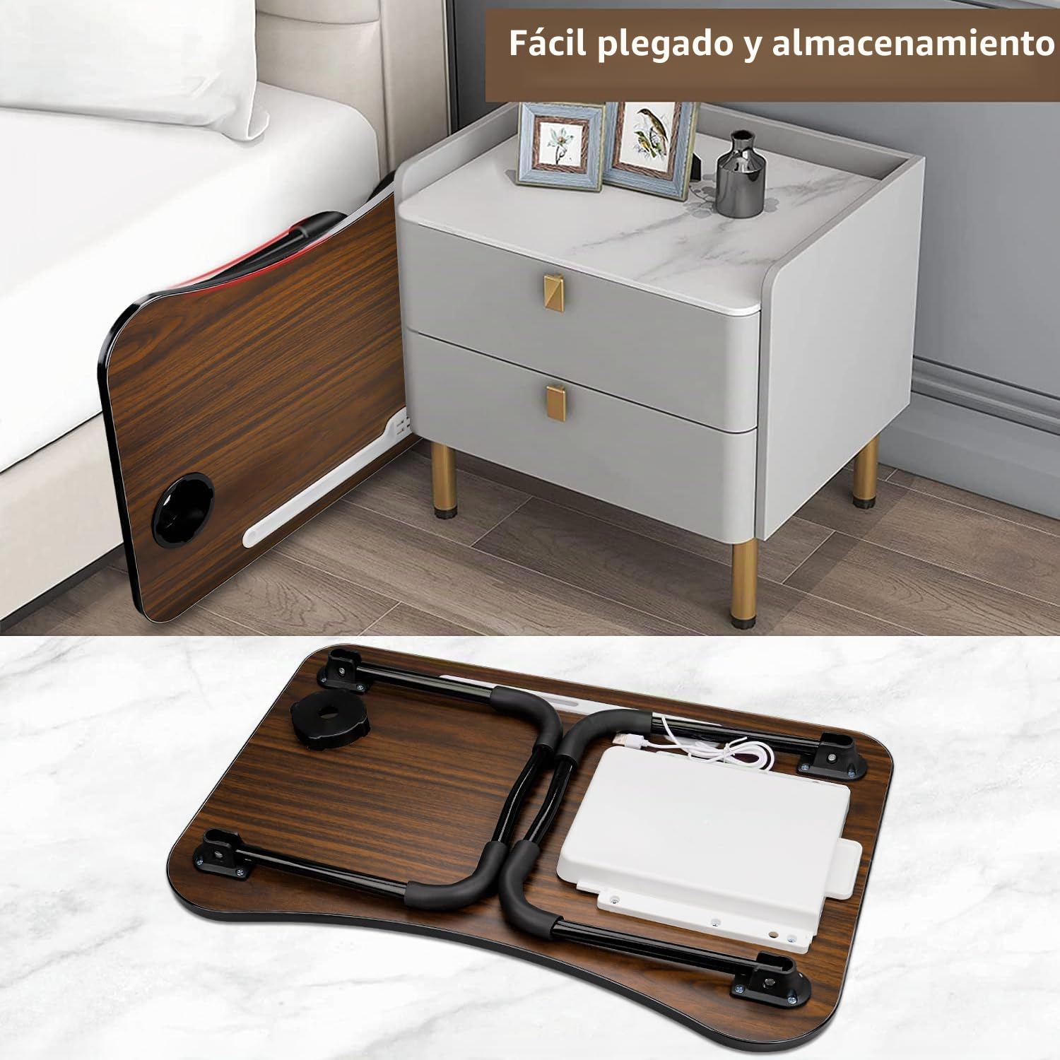 Mesa para Portatil Cama, Mesa Ordenador Plegable con 4 Puerto de Carga USB, Cajón, Ranura para Taza, Soporte para Tablet, Mesa para Cama, Sofa, Suelo (60x40cm, Marrón)
