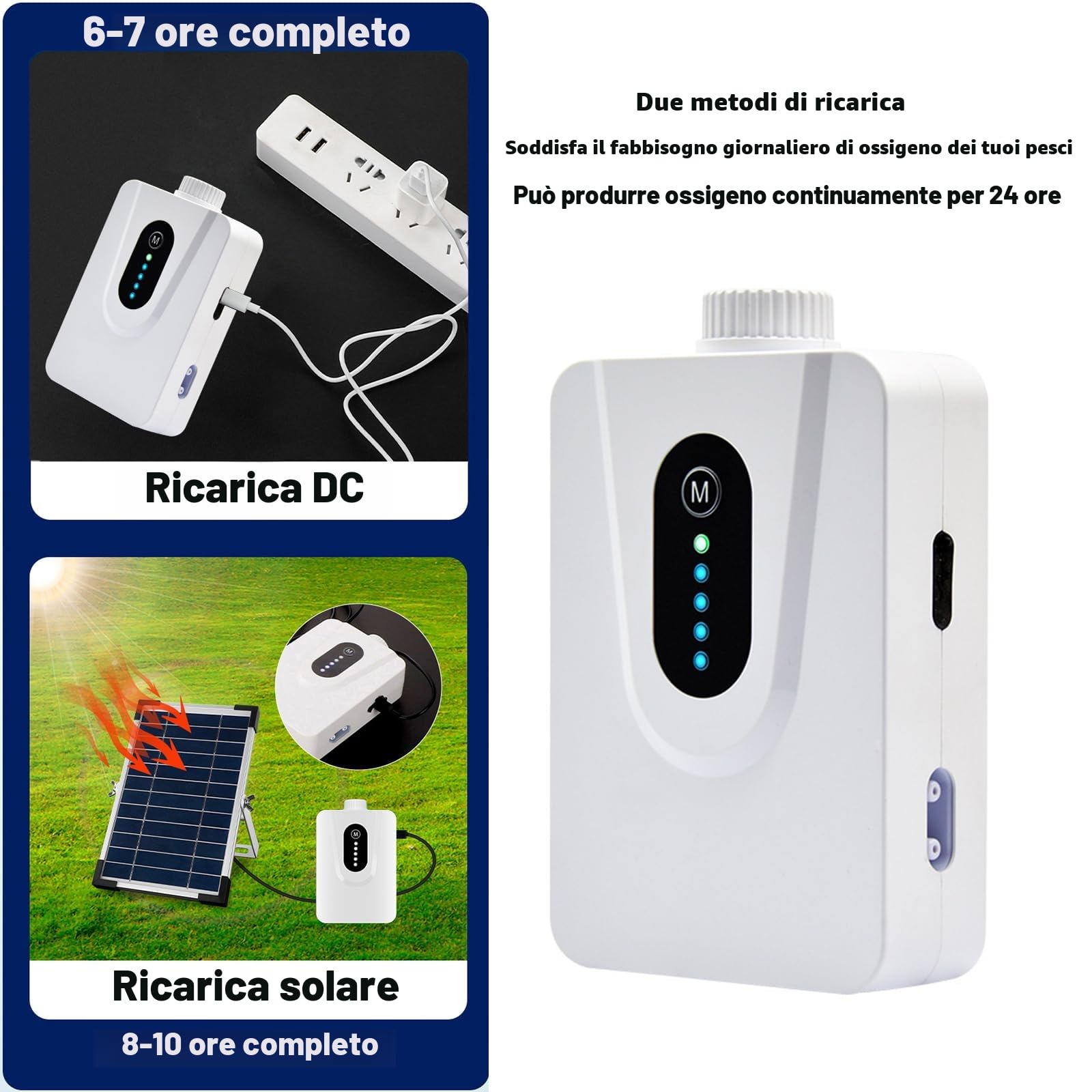 Pompe ad aria solare, 6 W, con batteria da 6000 mAh, ricarica USB e ricarica solare sono disponibili, pompa ad aria ossigenata, aeratore per acquario, aeratore con tubo per bolle d'aria, per