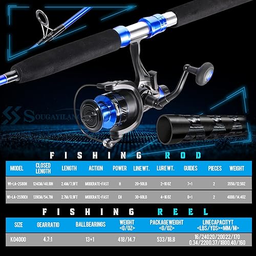 Miniatura 5 de Sougayilang Caña de pescar para bagre IM8 Carbon 2 piezas, MH Power Portable Travel Spinning Rod con carrete giratorio de tamaño 4000 -7 pies 0