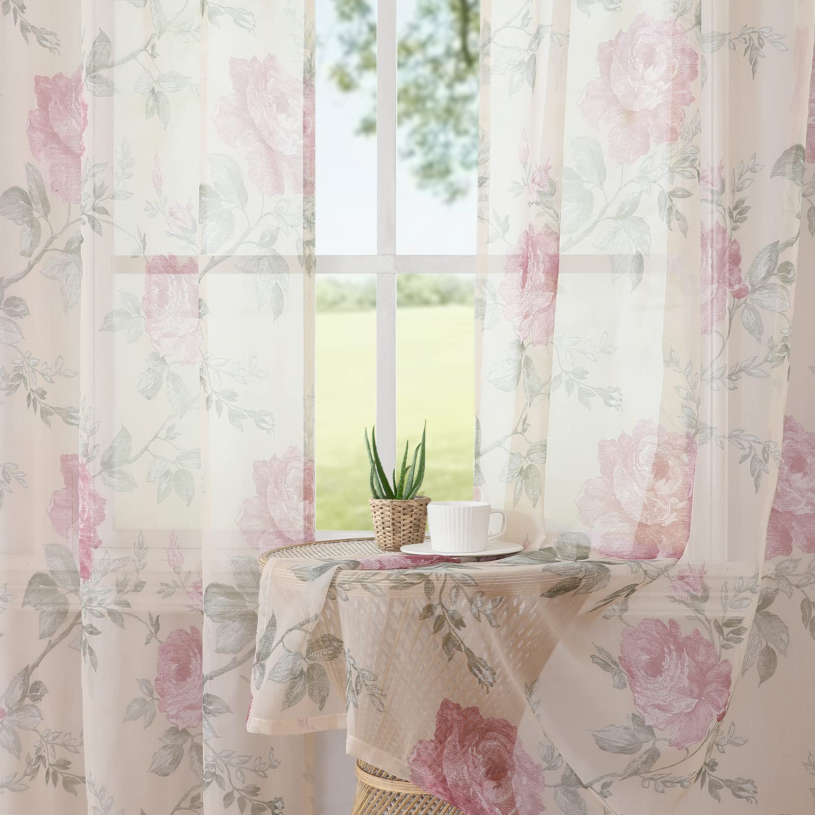 BUHUA Voile Curtains, Semi-Transparent Curtain in Floral Curtains with Ruffle Tape, Curtain Pattern, Transparent Curtains for Living Room, Set of 2, 137 x 140 cm (H x W), Pink - Image 2