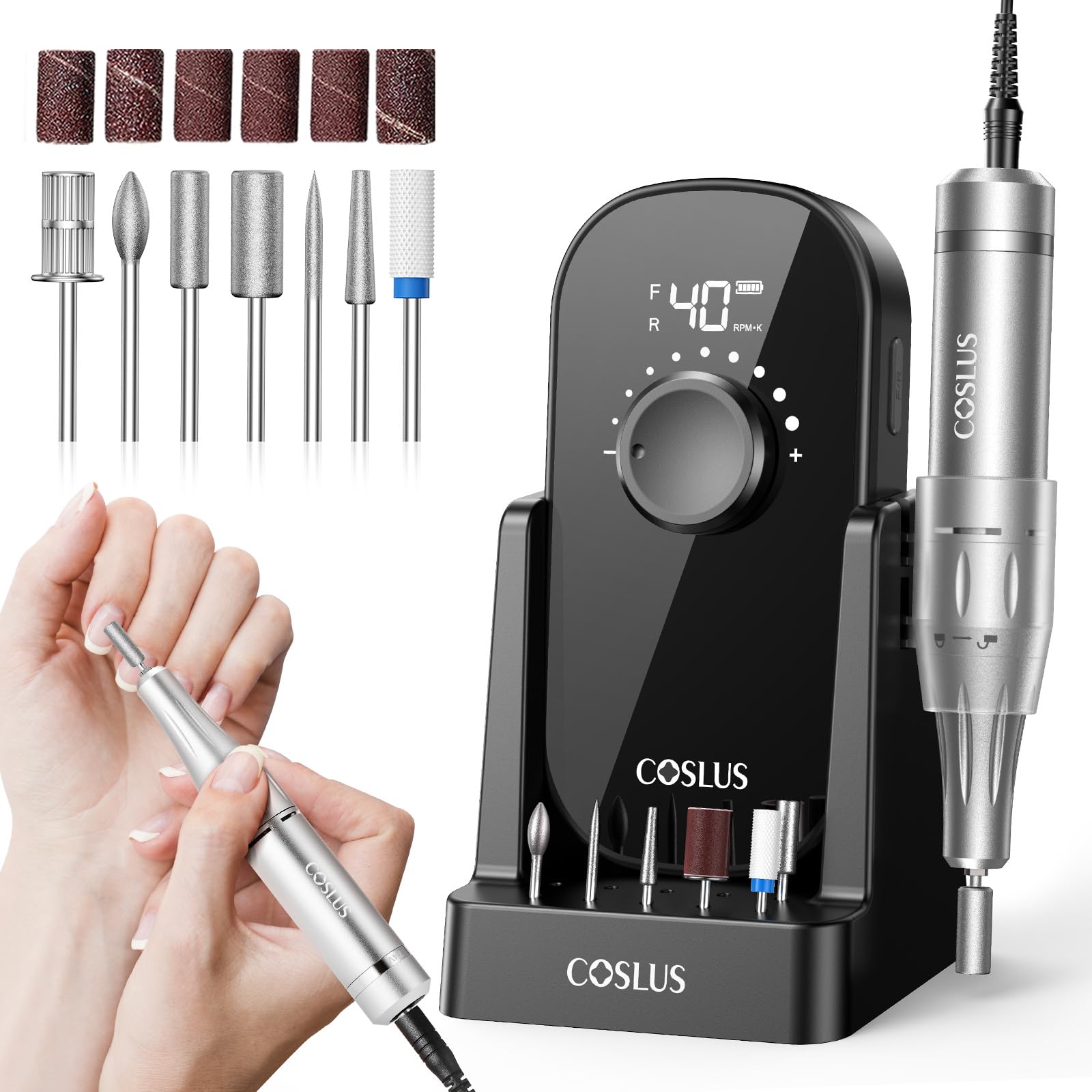 COSLUS E51 Elektrische Nagelfräser 40000 U/min: 6-in-1 Professionell Nagelpflege Set für Gelnägel Acrylnägel für Salon und Zuhause Mit Gel-Entfernung und Pediküre-Funktion Tragbar und Geräuscharm
