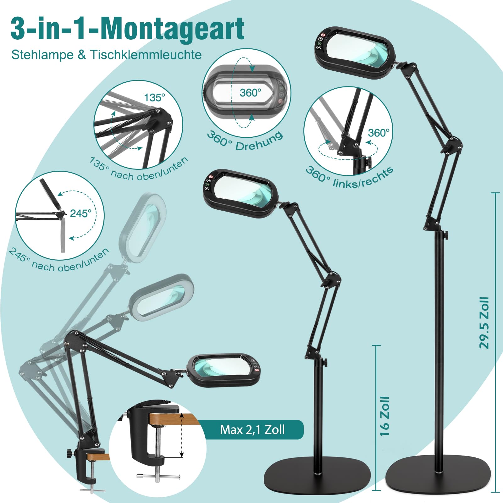 Lupa 10X con luz y soporte, lentes de cristal óptico, lámpara de pie con lupa 3 en 1, 5 modos de color, lámpara con lupa regulable, lupa de pie manos libres para pintar, coser y trabajos de precisión.