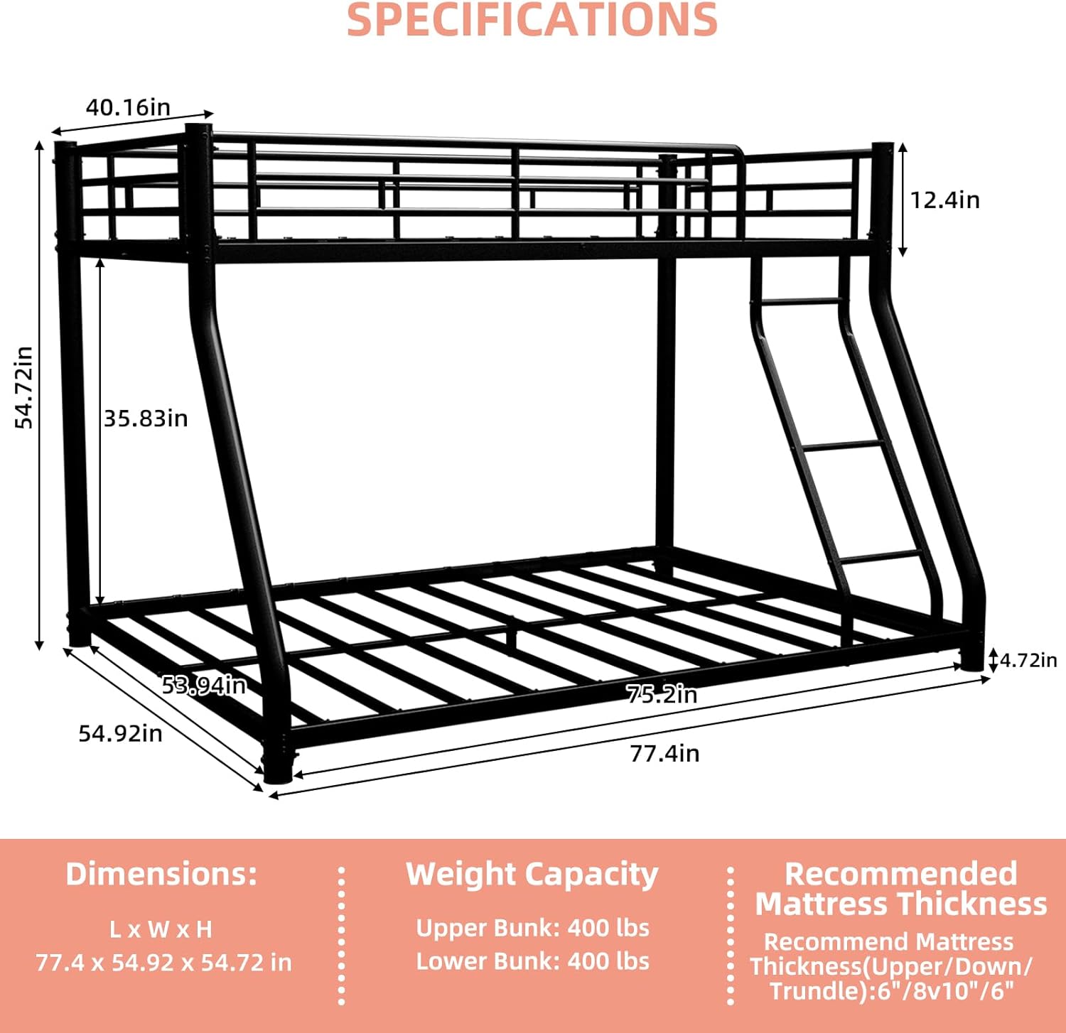 Heavy Duty Metal Bunk Bed for Teens & Adults, Twin Over Full with Removable Stairs & Guardrail, No Box Spring Needed, Black