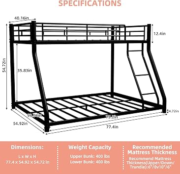 EMKK Twin Over Full Bunk Bed for Adults, Metal Bunk Beds Twin Over Full Size for Teens Dorm Bedroom Guest Room,Heavy Duty Bunk Beds with Ladder and Safety Full Length Guardrail (Black)