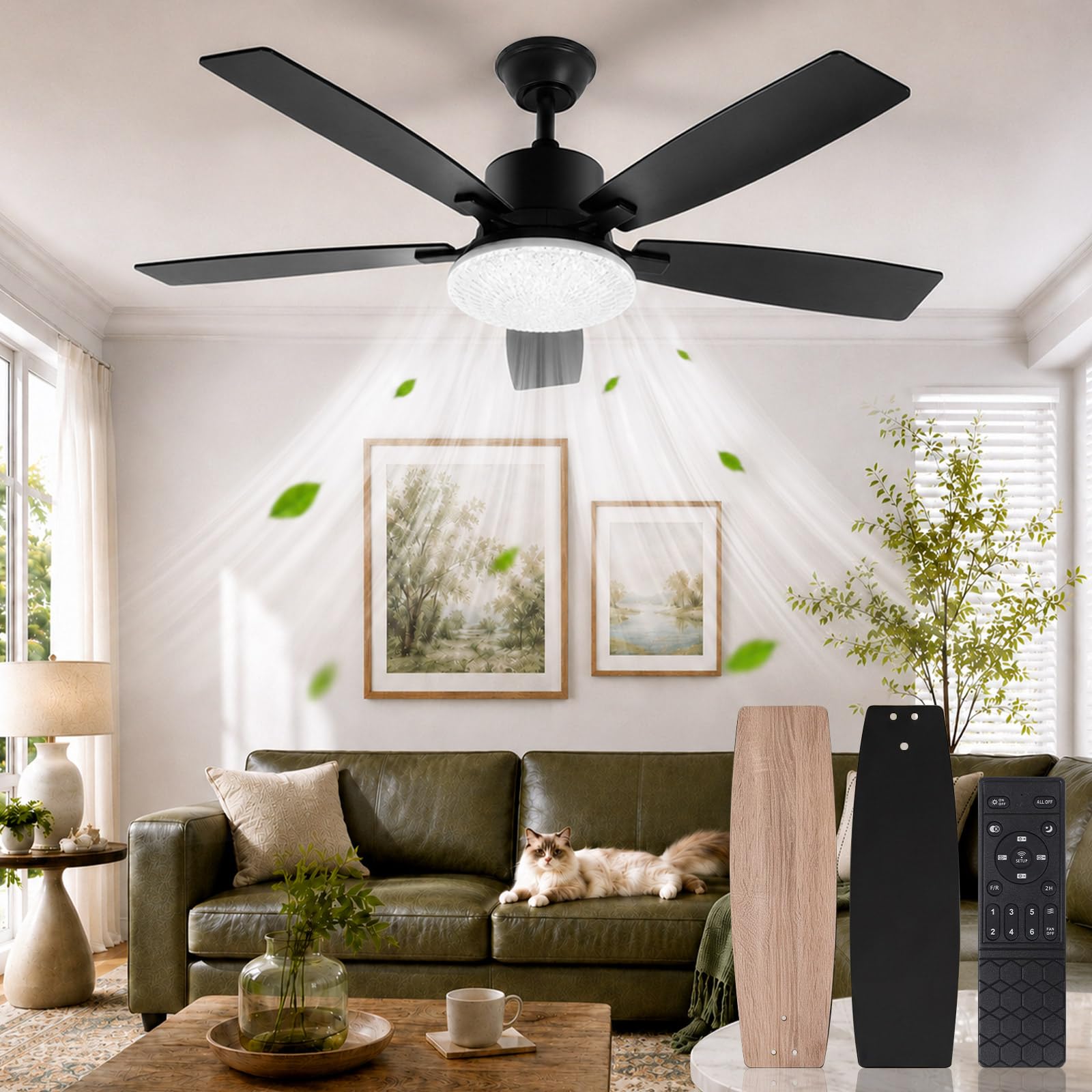 Smart Deckenventilator mit Licht Leise φ132cm Doppelseitige Flügeln & App | Ventilator mit Fernbedienung, DC Motor, Timer, Dimmbar 3000K-6500K, 6 Stufen Reversibel für Schlafzimmer Wohnzimmer