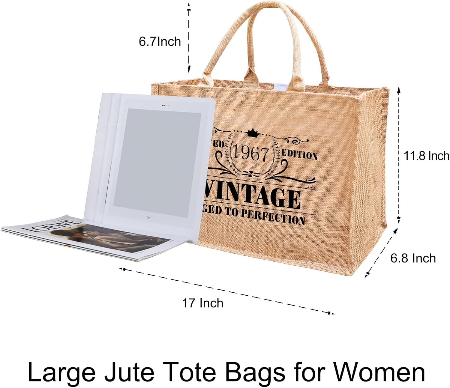1966 1967 1968 1969 1970 1971 1972 1973 1974 1975 Burlap Jute Tote Bags for Women, 17" x 6.8" x 11.8" - Image 4