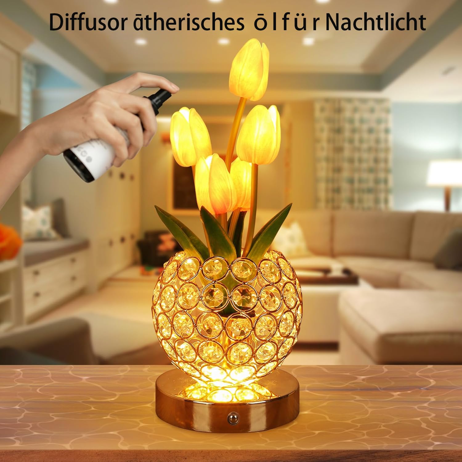 Cadeaux d'anniversaire pour femme - Lampe de table à batterie - 3 couleurs - Fleur de cristal - Intensité variable à l'infini - Avec charge USB - Petite veilleuse - Lampe de chevet tactile pour